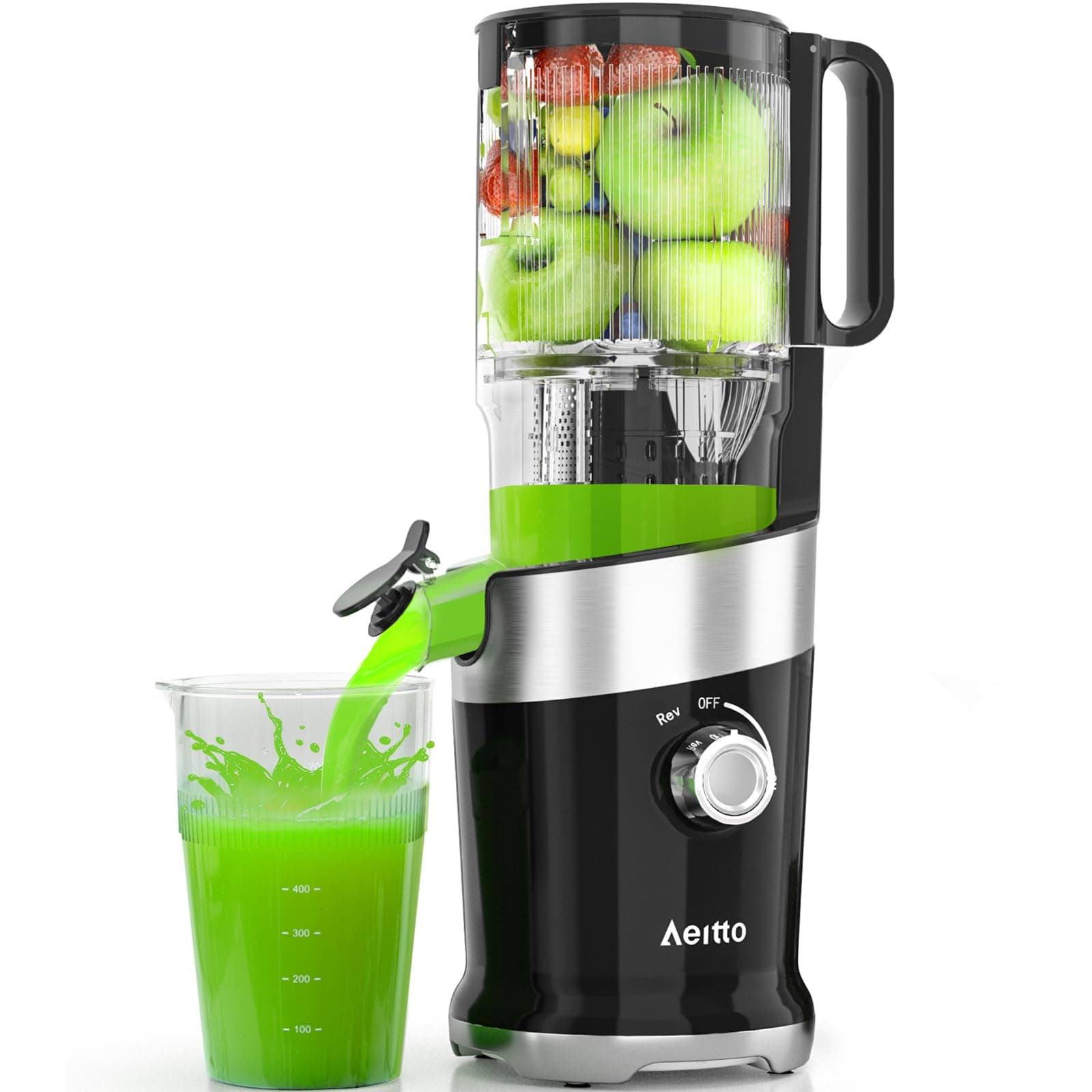 Aeitto Cold Press Juicer with 4.9" Extra Large Feed Chute, High Juice Yield, Self Feeding, Easy to Clean,Black