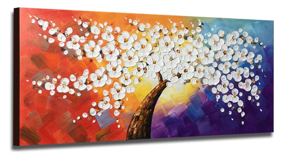 Canvas Wall Art 100% Hand-Painted White Flowers Tree 3D Oil Painting Thick Textured, Modern 48"x24" One Panel Extra Large Size Artwork Picture Framed for Living Room Bedroom Home Office Wall Decor