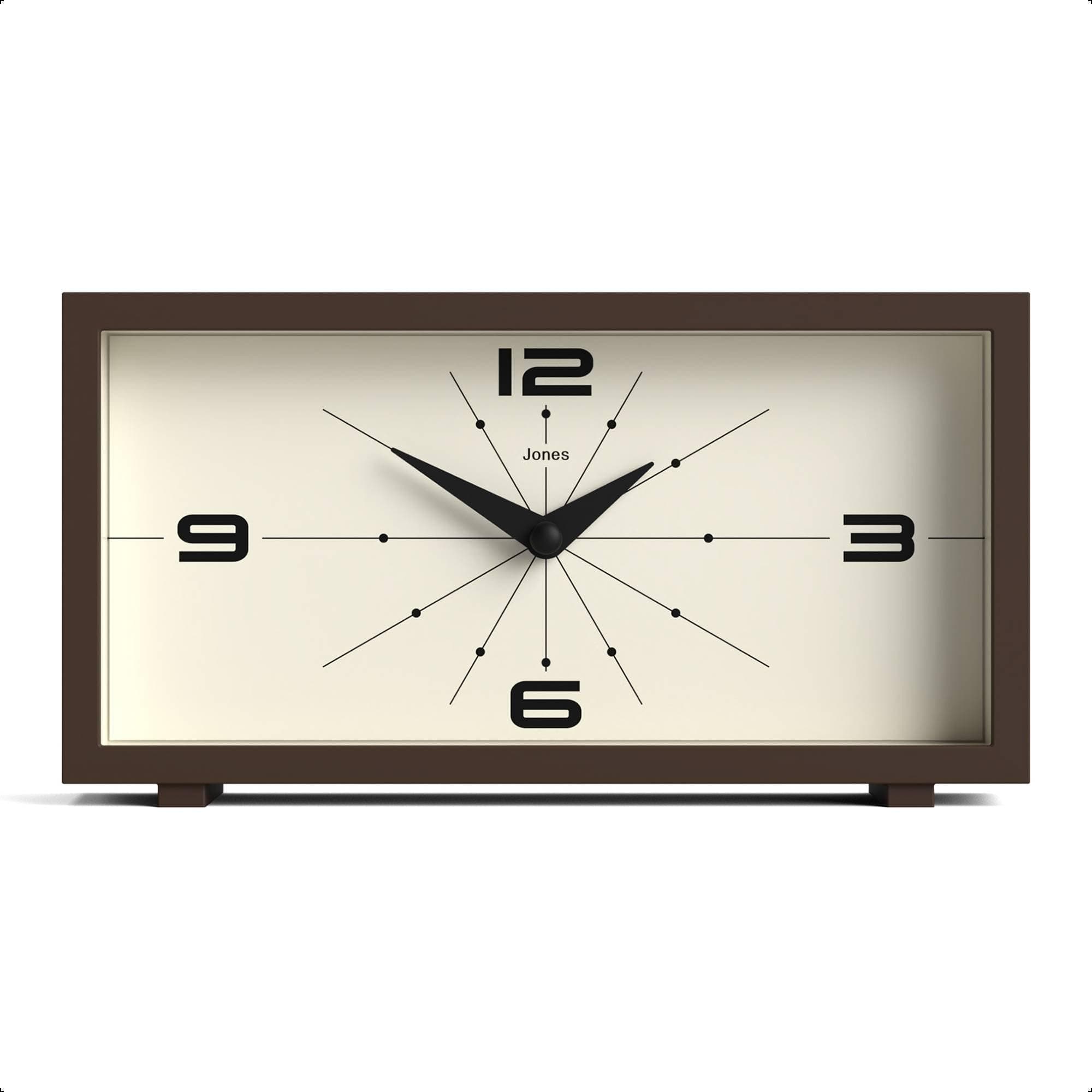 JONES CLOCKS® Odeon desk clock | Modern rectangular design | Brown | Stylish retro look for shelf, table, mantel or bedside