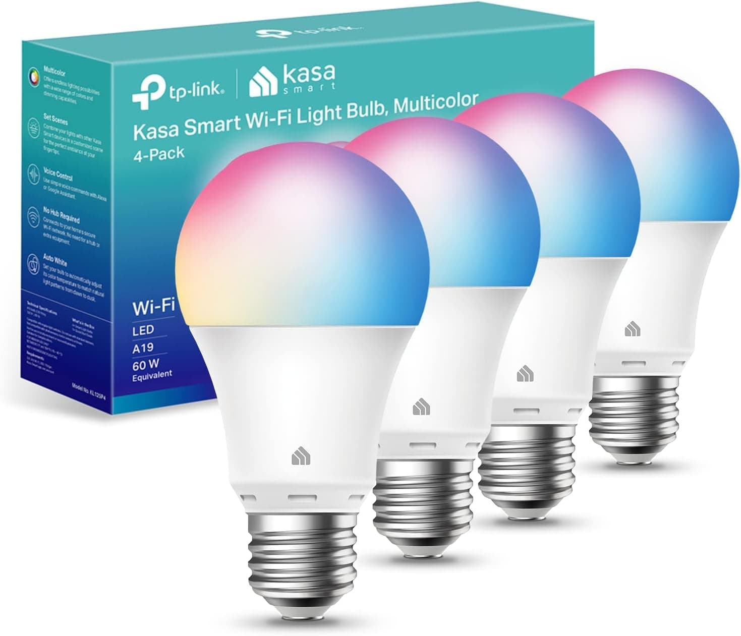 Light Bulbs, Full Color Changing Dimmable Smart WiFi Bulbs Compatible with Alexa and Google Home, A19, 9W 800 Lumens,2.4Ghz only, No Hub Required, 4 Count (Pack of 1), Multicolor (KL125P4)