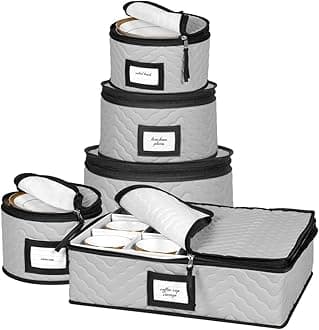 China Storage Containers 5-Piece Set Moving Boxes for Dinnerware, Glasses, Plates, Mugs and Saucers Sturdy Quilted Microfiber Dish Organizer with Dividers for Seasonal Storage - Holds Set of 12, Gray