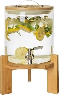 Drink Dispenser, Glass Drink Dispenser with Stand, Drink Dispenser for Parties, Beverage Dispenser with Stand, Wood Stand 5L Iced or Hot Beverage Dispenser，7.9×7.9×12.6in