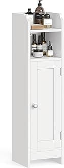 Small Storage Corner Floor Cabinet with Door, 7.9 x 7.1 x 31.5 Inches, Narrow Toilet Paper Storage Holder, Adjustable Shelves, for Bathroom, Living Room, Small Spaces, Cloud White UBBC310W01