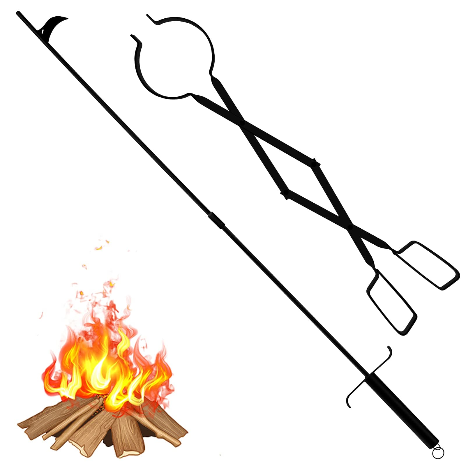 Kingson 32 inch Long Fireplace Fire Pit Poker and 25 Inch Firewood Tongs Kit, Steel Fireplace Tools Set, Wood Burning Stove Fireplace Campfire Accessories for Indoor/Outdoor use