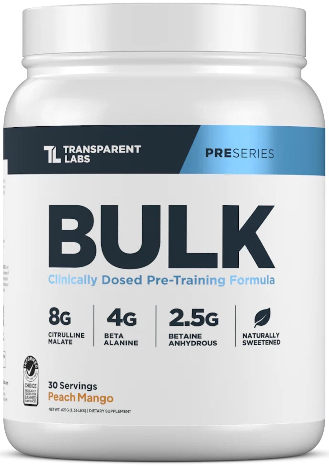 Transparent Labs Bulk Pre Workout Powder - Naturally Sweetened Preworkout for Men & Women, Pre Work Out for Muscle Building & Strength w/Beta Alanine & BetaPure - 30 Servings, Peach Mango