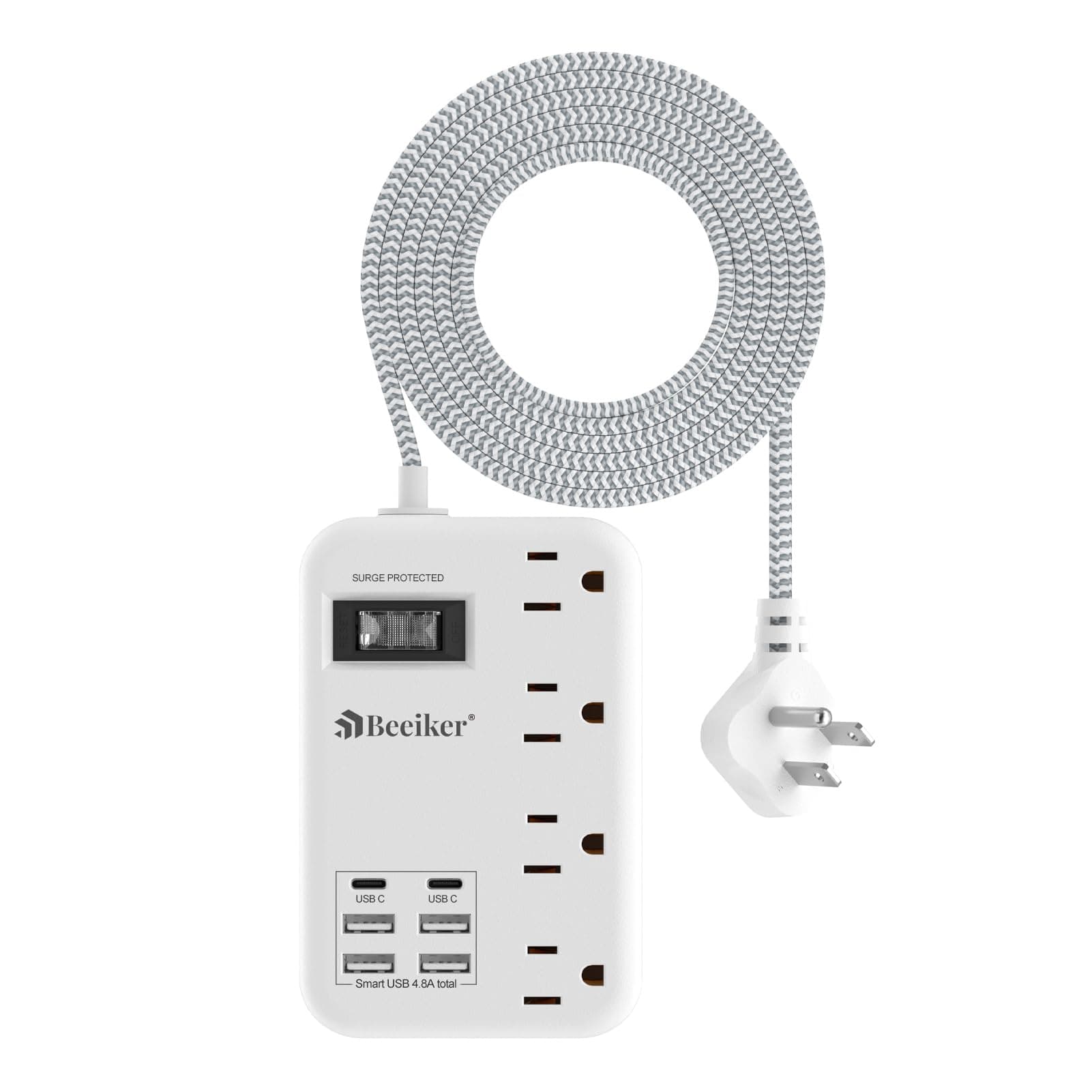 6 USB(2 USB C) Surge Protector Power Strip- 5Ft Travel Power Strip with 4.8A USB Charging Station and 4 Extendable Outlet, 13A Flat Plug Braided Extension Cord with Wall Mount for Travel Office Dorm