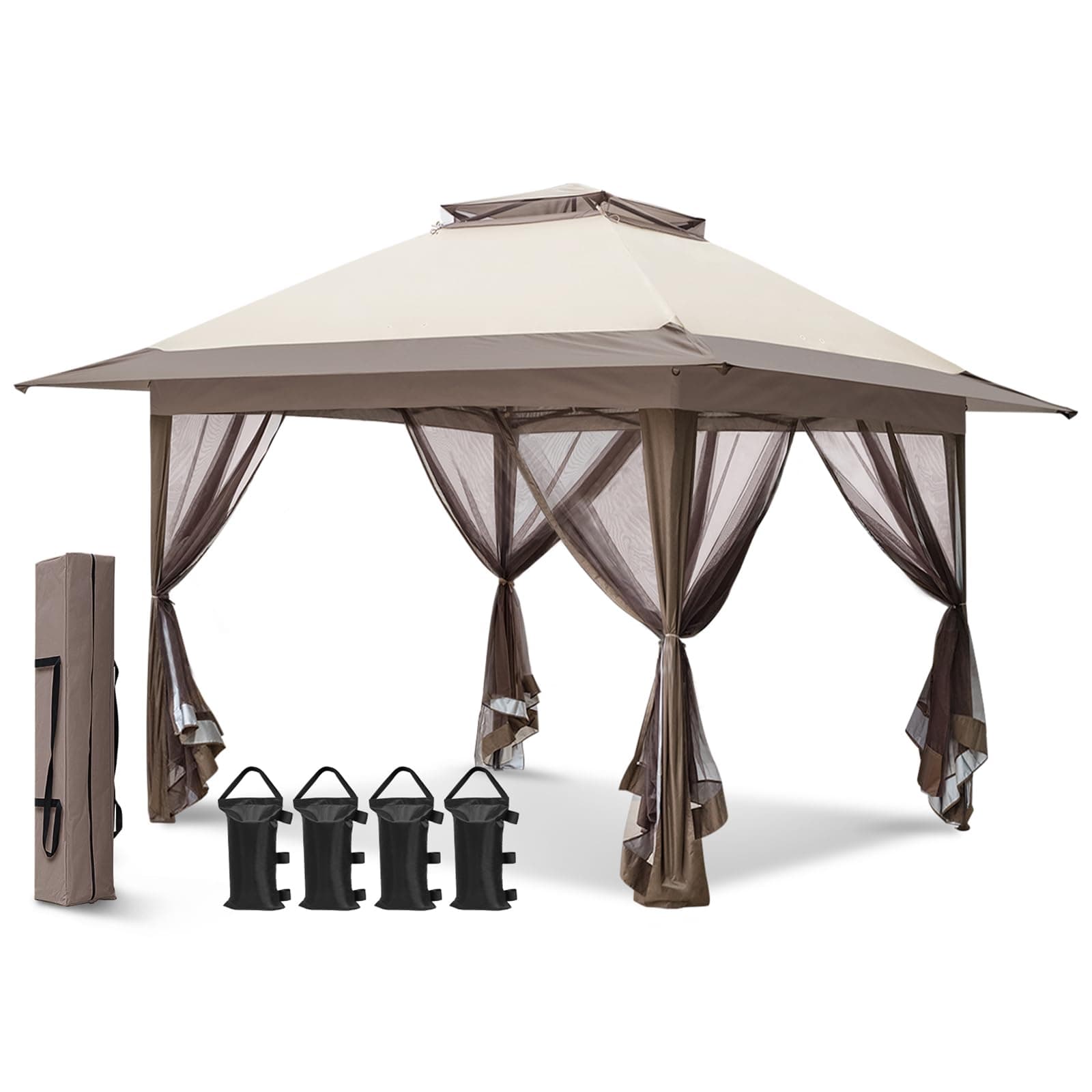 EAGLE PEAK 13x13 Pop Up Gazebo with Mesh Netting, Easy Up Screened Canopy for Patio and Backyard, Easy Set up Outdoor Gazebo (Beige/Brown)