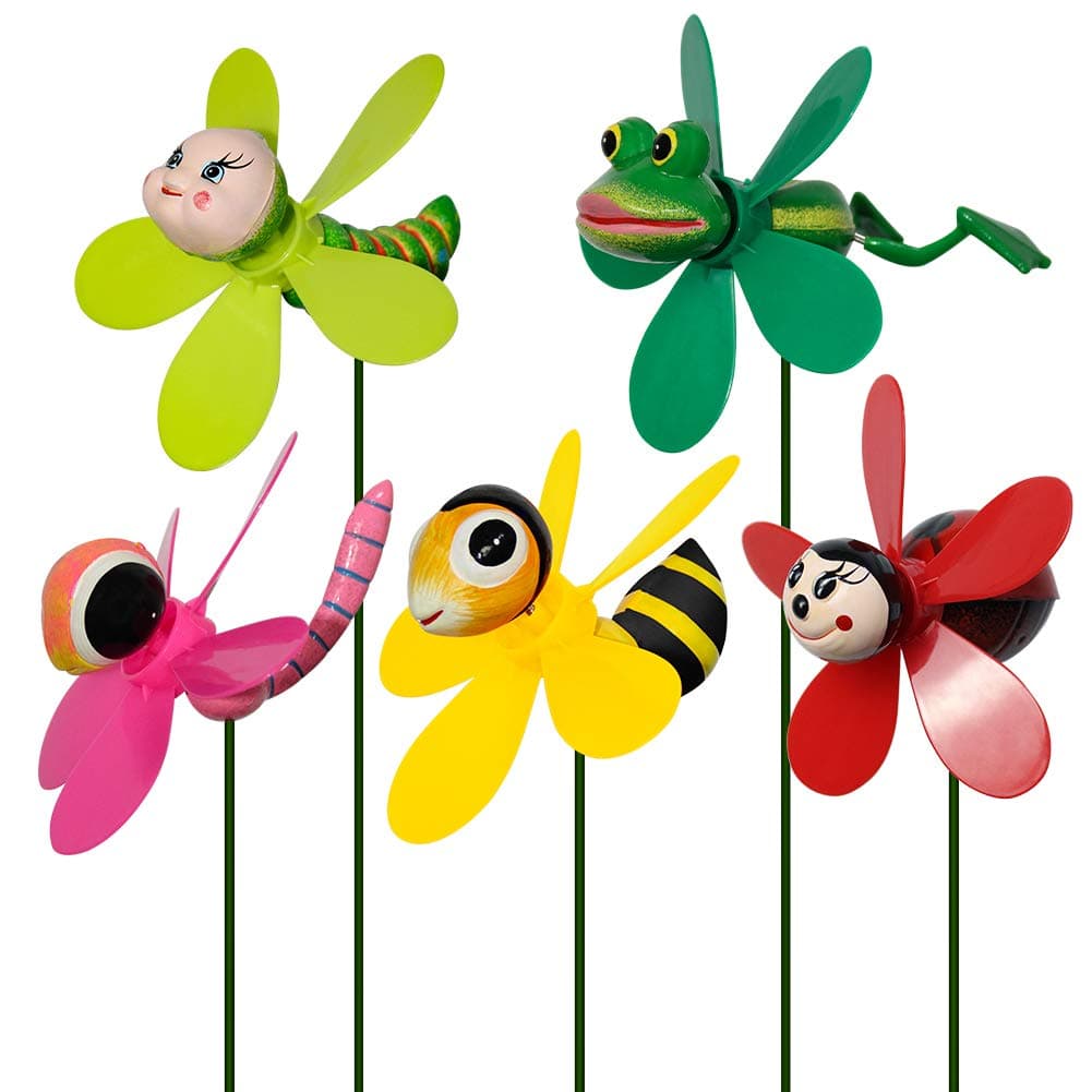 5-Pack 3D Insect Wind Spinners for Yard and Garden - Colorful Spring-Loaded Pinwheels - Bee, Dragonfly, Frog, Ladybug Whirligigs - Decorative Outdoor Yard Art for Lawn, Patio & Potted Plants