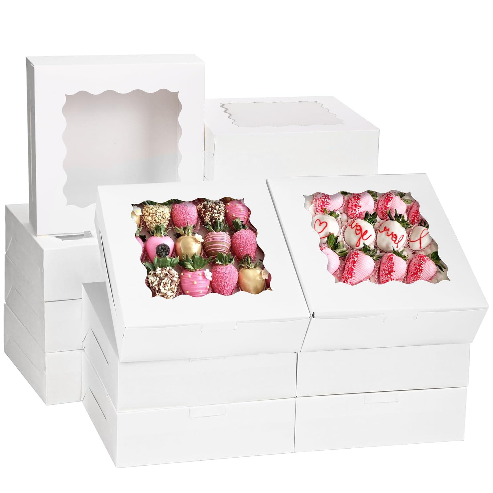 30pcs Bakery Boxes, 8x8x2.5 Cookie Boxes with Window, White Treat Containers for Donuts, Chocolate Strawberries, Pie