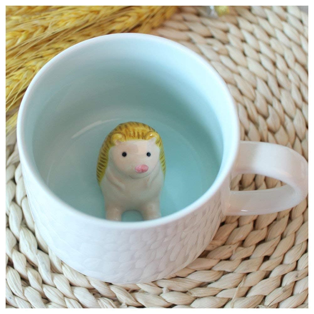 Hotmiss Hedgehog Pattern Ceramic Cup with Hidden 3D Animal Inside, 12 OZ | Cute Cartoon Handmade | Coffee Milk Tea Lovers