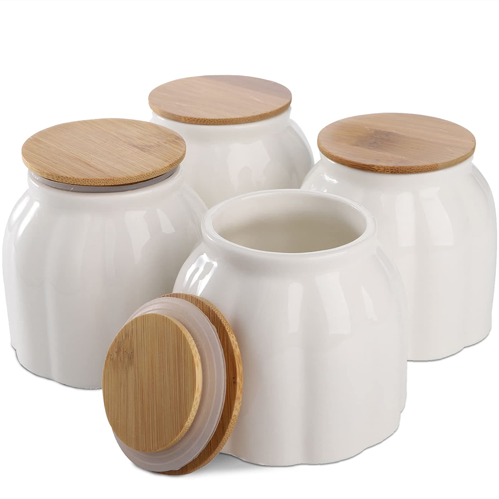 DEAYOU 4 Pack Ceramic Food Storage Jar, 9.5 OZ Porcelain Kitchen Canister with Airtight Bamboo Lid, White Ceramic Containers Utensil Holder for Coffee Bean, Cookie, Sugar, Tea, Flour, Pumpkin Shape