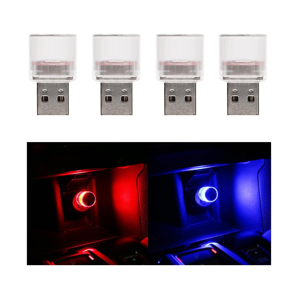 4 PCS USB LED Car Interior Atmosphere Lamp, Plug-in Mini USB LED Light for Auto Interior Decor, Portable Ambient Lighting Kit Universal for Most Vehicles, Car Accessories (Red+Blue)