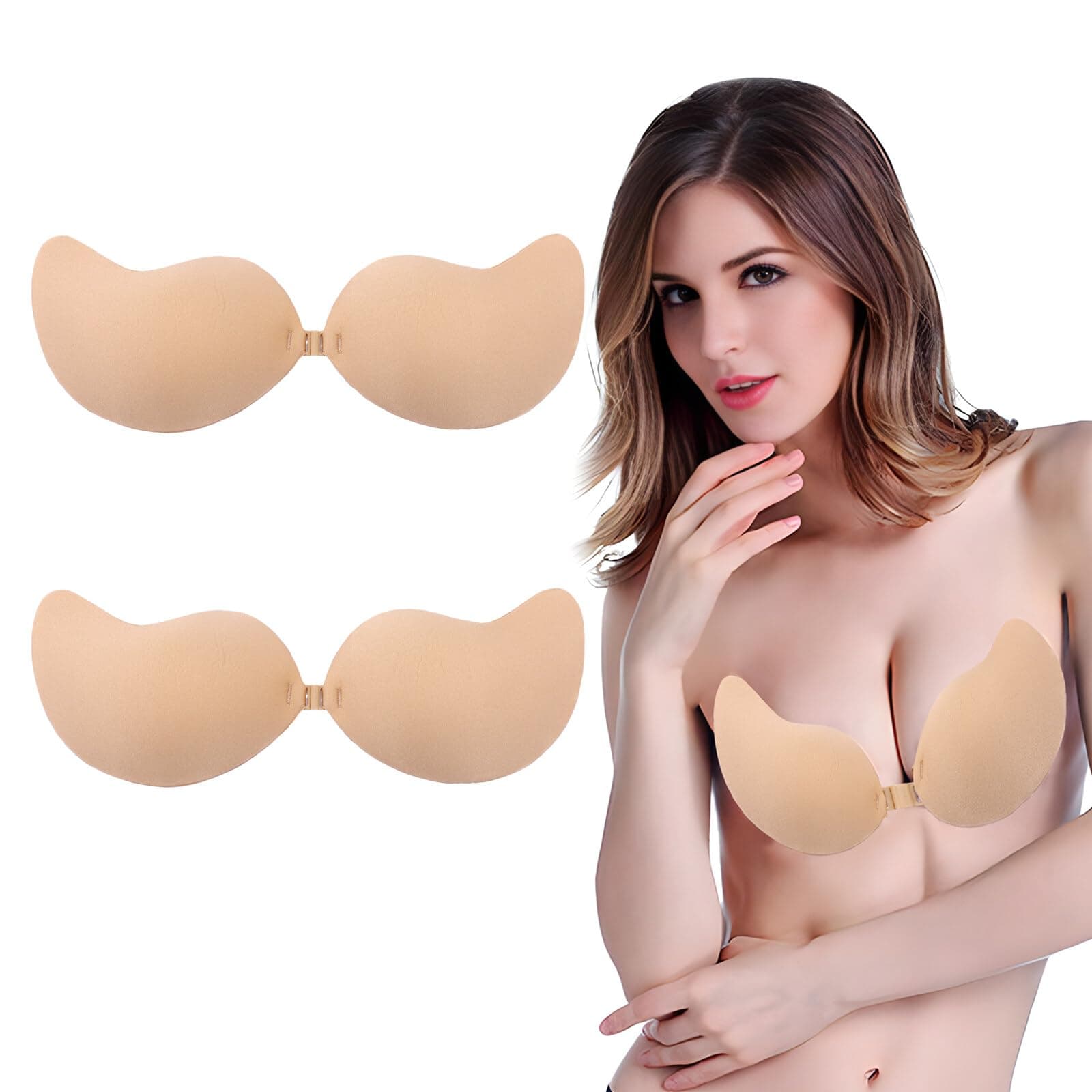 XiangSKYSticky Backless Bra, 2 Pack Push Up Stick on Bra for Women, Reusable Adhesive Bra Breathable Strapless Bras Invisible Bra for Party, Beach, Wedding Beige