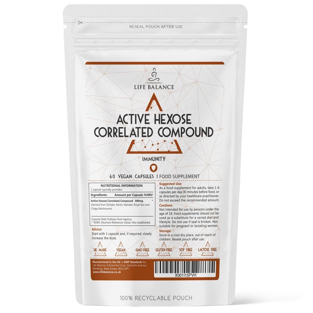 Active Hexose Correlated Compound - High Strength 600mg Capsules - Vegan - UK Made - No Additives - GMP - Pullulan (60 Capsule Pouch)