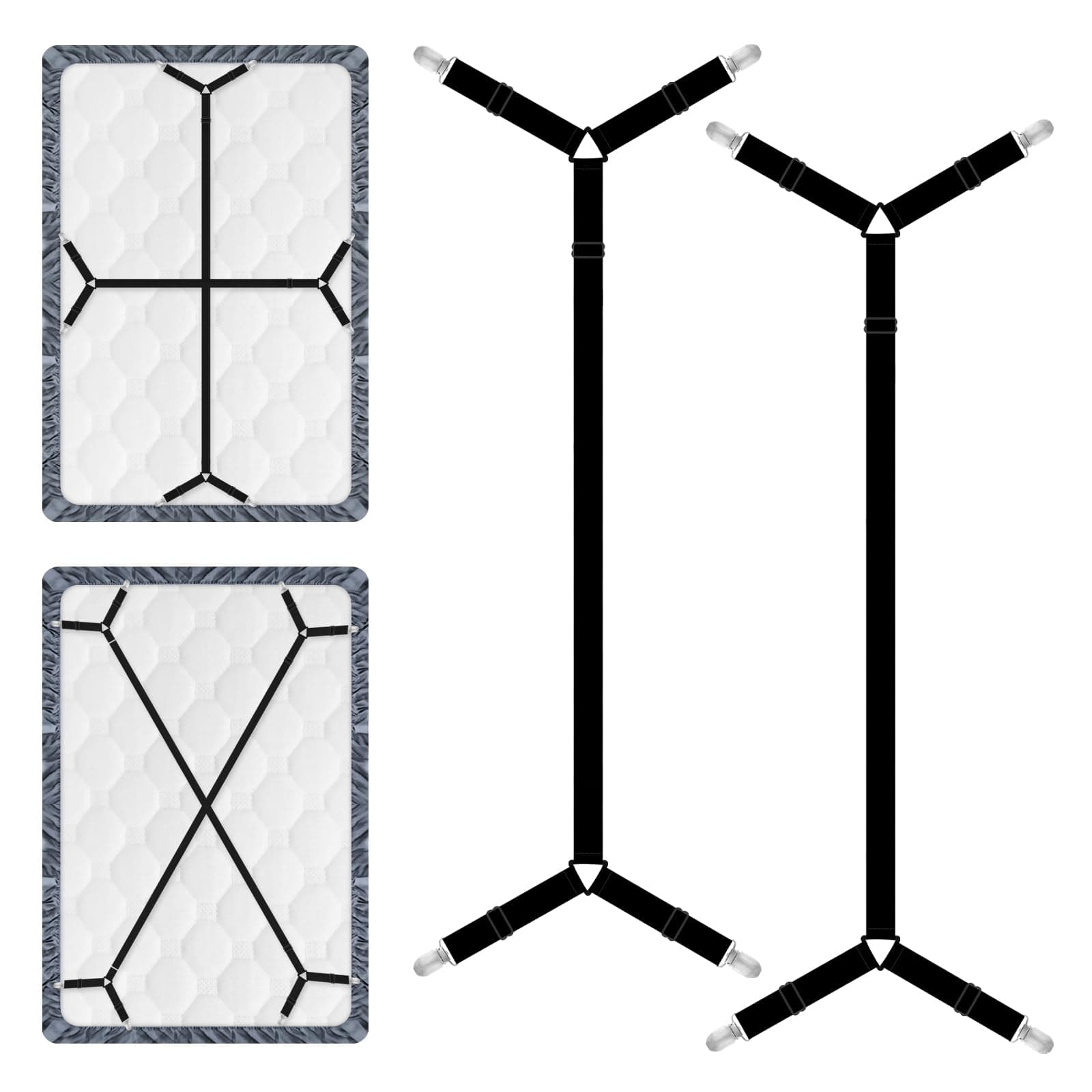 Bed Sheet Straps, 2Pcs Elastic Adjustable Bed Sheet Holder Straps, Fitted Sheet Straps to Hold Sheets in Place with Metal Clips, Sheet Holders for Mattress Cover, Sheet, Sofa Cushion (Black)