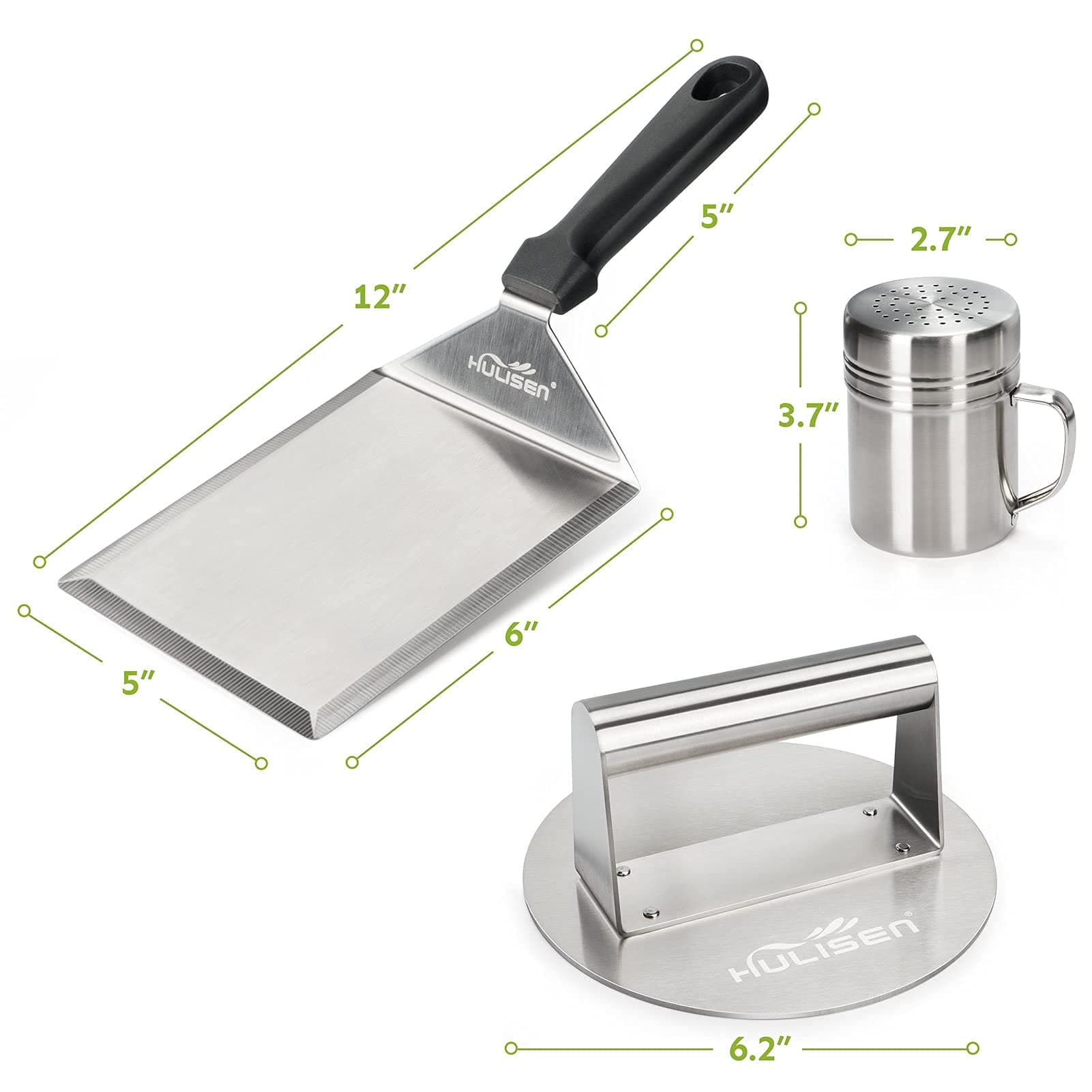 HULISEN Smashed Burger Kit, Stainless Steel Burger Press, Griddle Spatula and Spice Dredge Shaker - 3 Piece Set, Gift Package