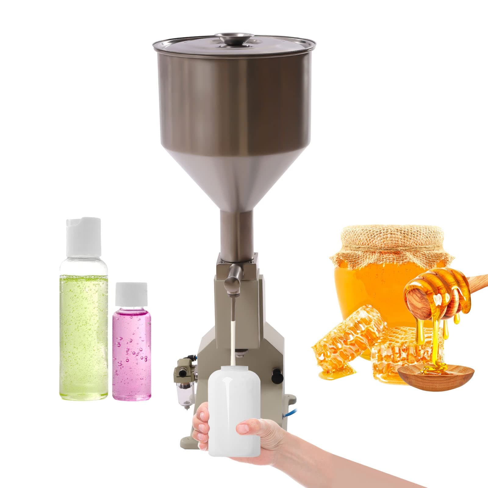 Pneumatic Paste Liquid Filling Machine 10-110ml Bottle Filling Machine, Semi-auto Bottle Filler Liquid Paste Filling Machine with 10L Hopper for Cosmetic Oil Cream Shampoo Honey A02
