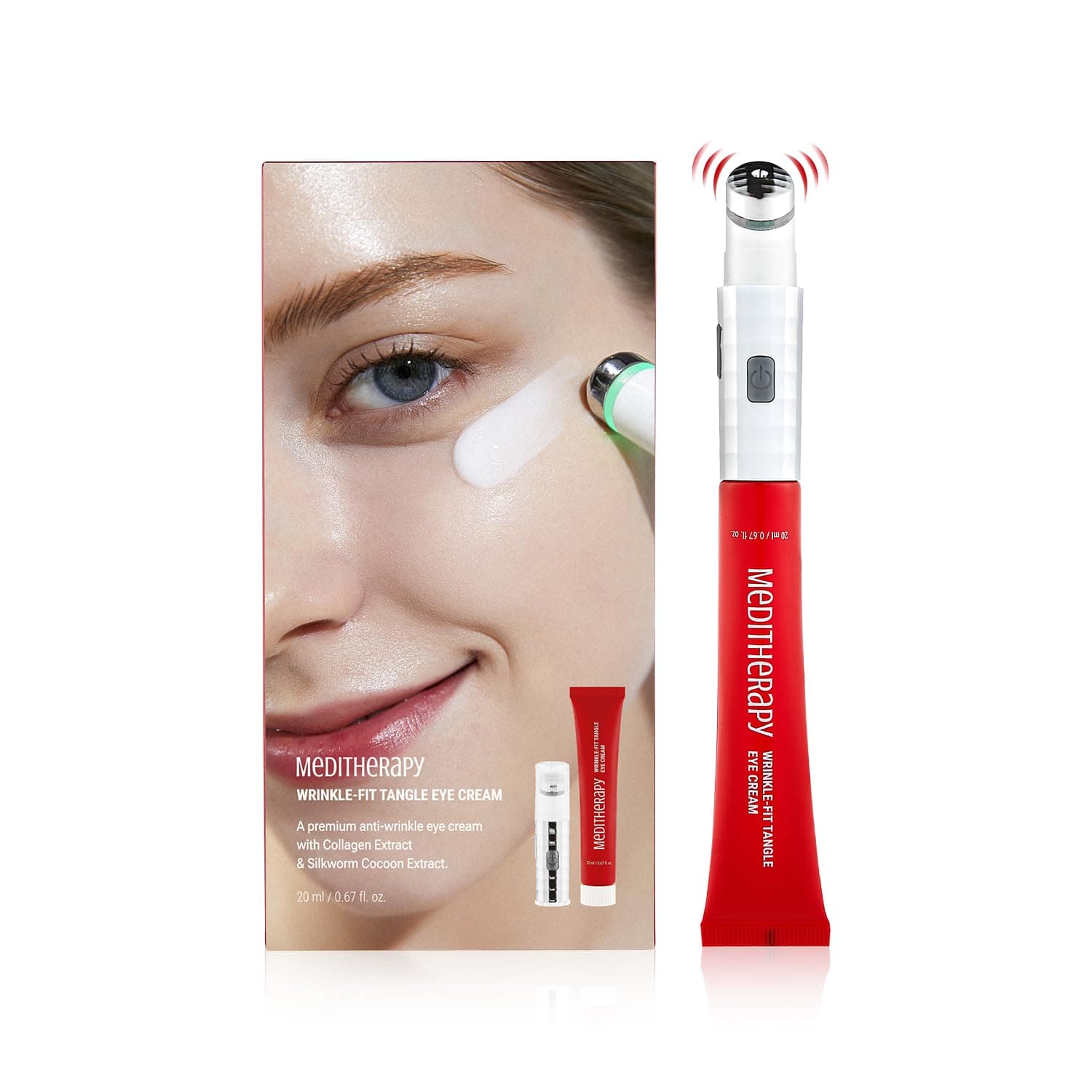 MEDITHERAPY Wrinkle-fit Tangle Eye Cream, Chargable Heating Device Tip + Protein Collagen Eye Cream, All-in-One Under Eye Treatment, 0.67 fl oz, Eye Massager for Dark Circles, Puffiness, Eyebags