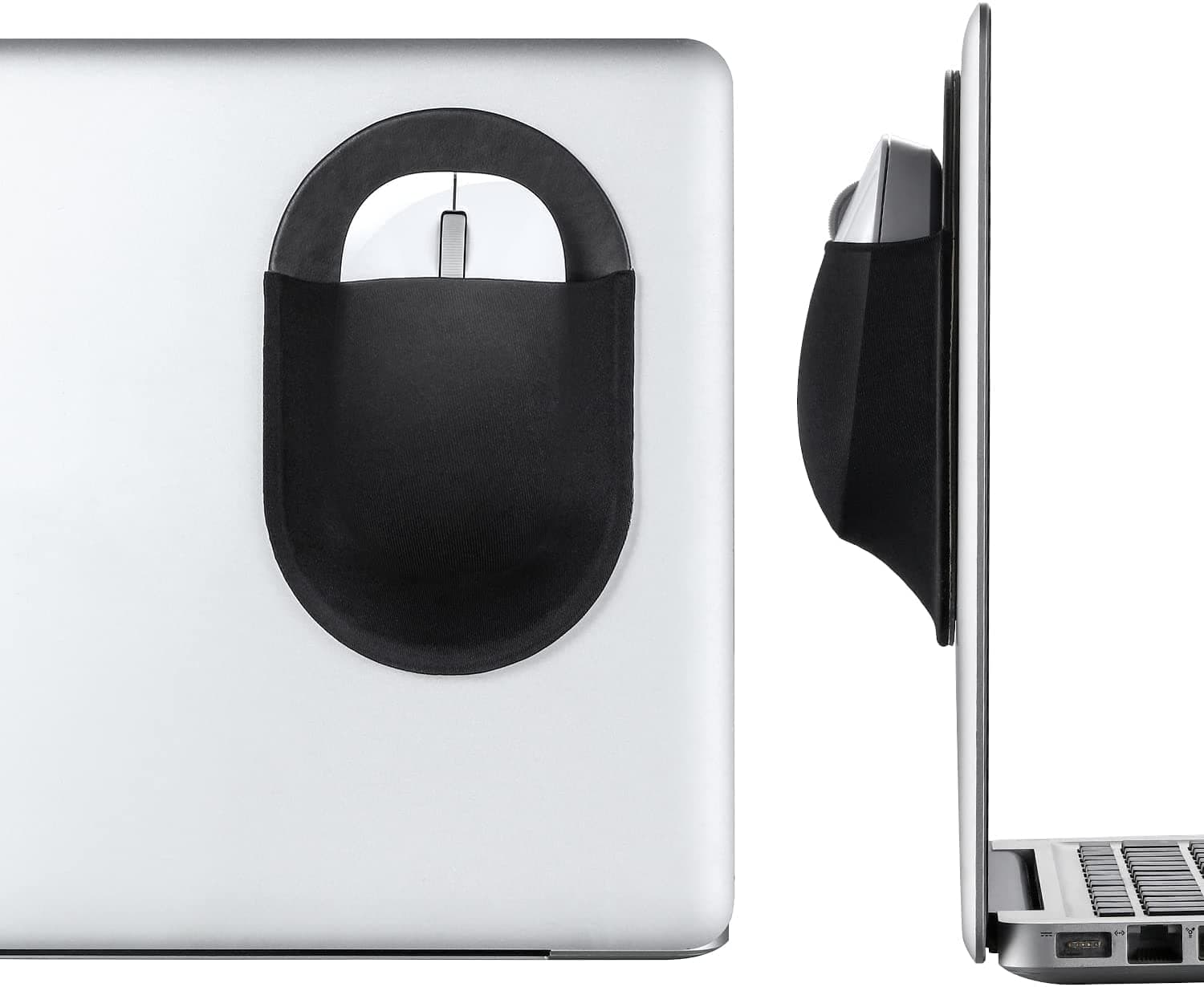 Universal Stick-On Mouse Pouch, Holder for Wireless Mouse, Sleeve for Laptop, Reusable Adhesive, No Glue Residue, Compatible with iPad or MacBook (Black)