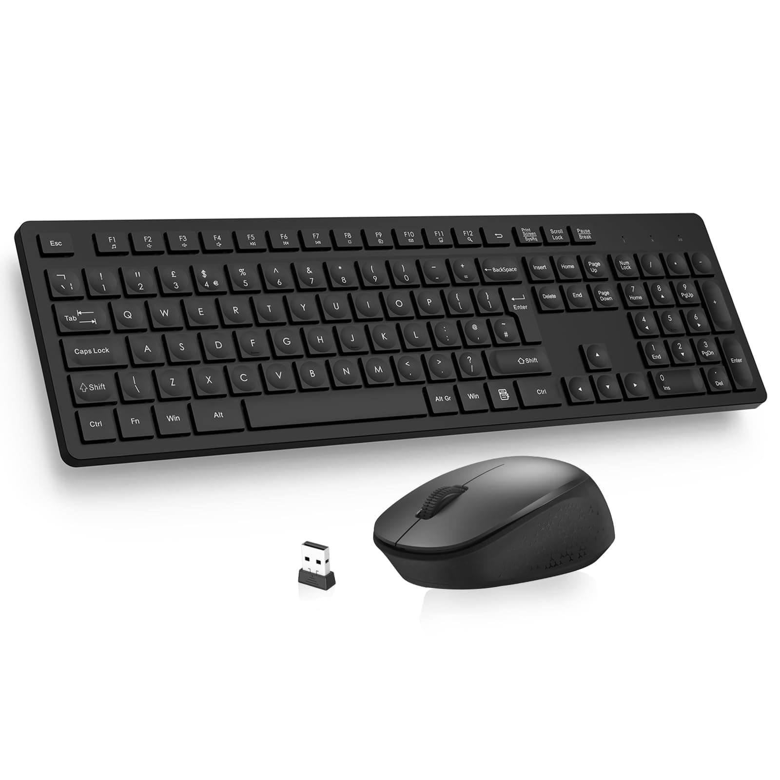 LeadsaiL Wireless Keyboard and Mouse Set, 2.4GHz USB Computer Keyboards and Mouse Combo, Full Size UK QWERTY Layout, Ergonomic Design with 12 Multimedia Shortcuts for HP/Lenovo Laptop and Mac - Black