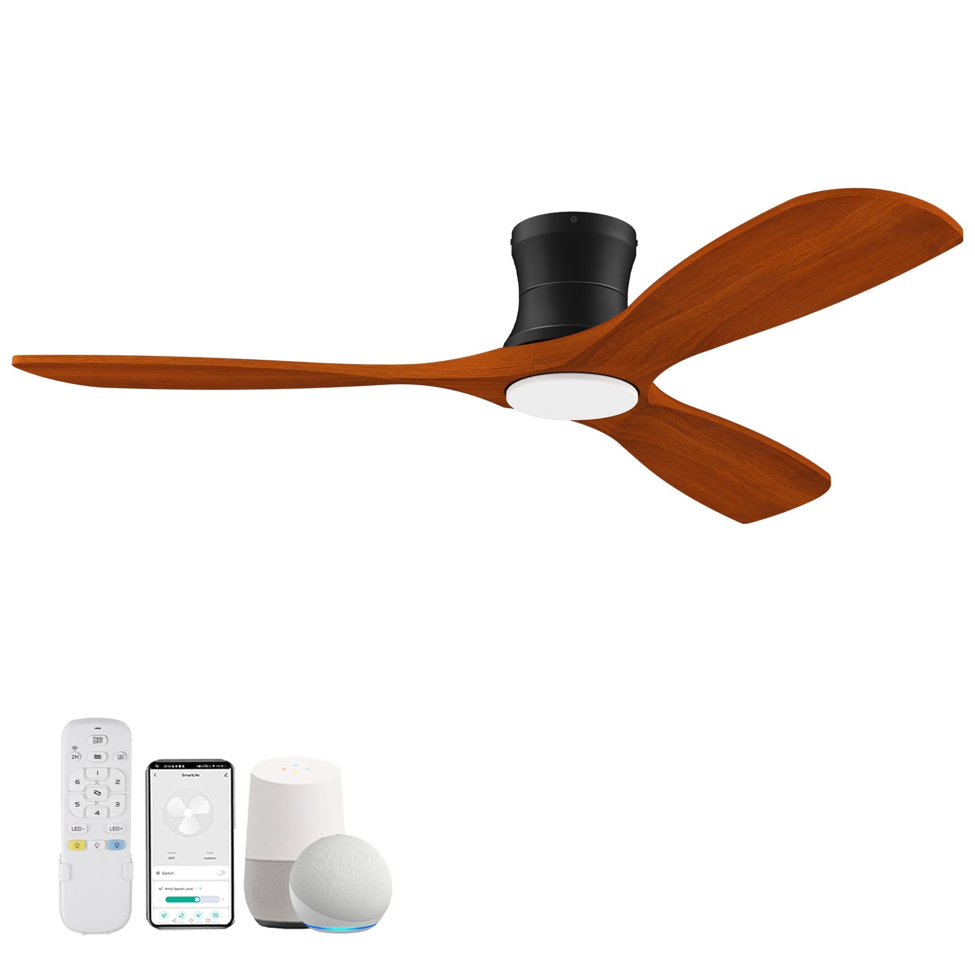 Livory 52” Wood Smart Low Profile Ceiling Fan with Lights Remote, Quiet DC Motor, Outdoor Indoor Flush Mount, Voice Control via WIFI Alexa App, Modern Dimmable Lighting for Bedroom Patio