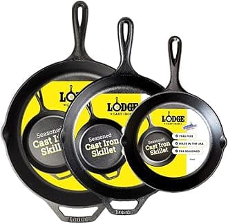 Lodge Seasoned Cast Iron Skillet Set - PFAS-Free, Non-Toxic Cookware - Use with an Oven, Stove, Grill, or Campfire - Naturally Non-Stick & Oven Safe - 8, 10.25 & 12 Inches
