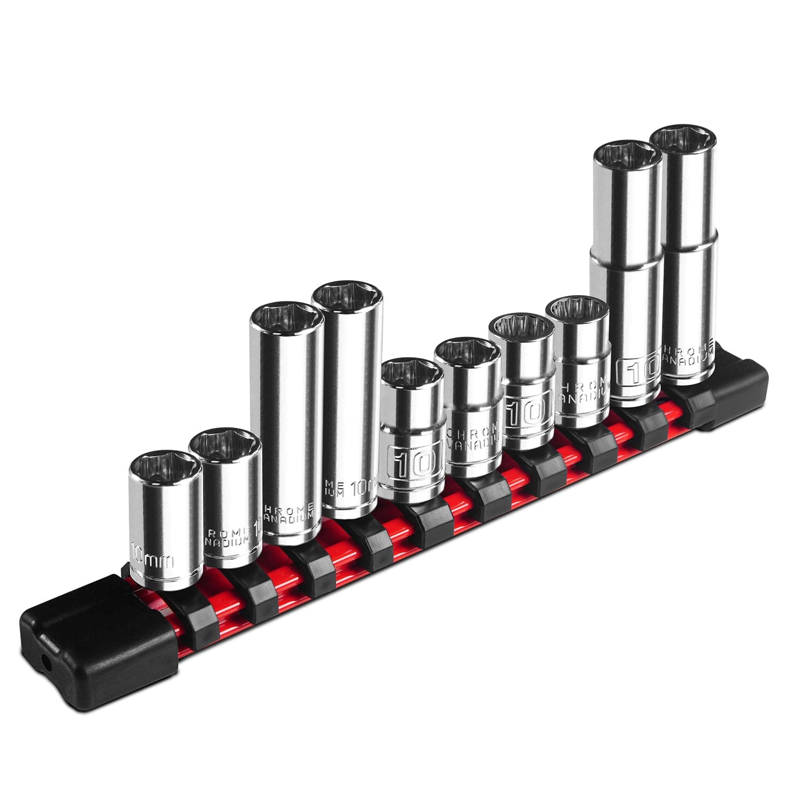 10 Piece 1/4" & 3/8" Drive 10mm Socket Set, Deep & Shallow, Mirror Finish, 6 Point & 12 Point, Cr-V Steel