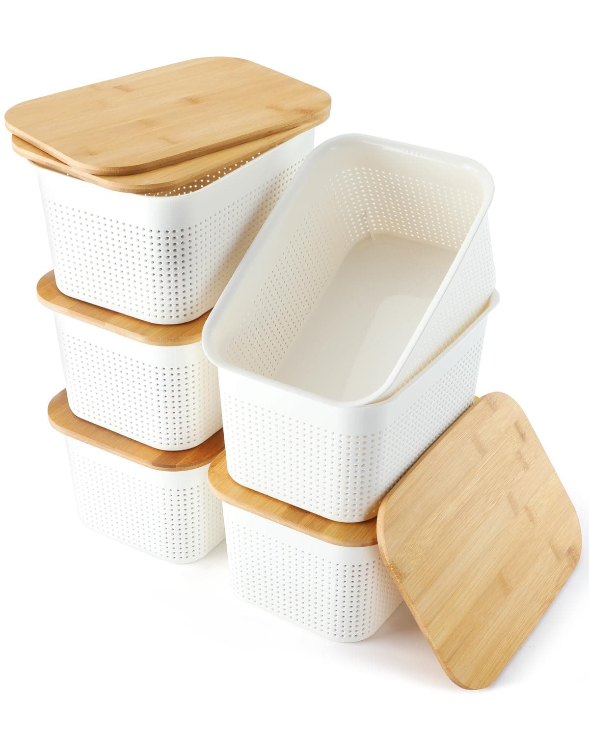 Storage Bins With Lids 6 Packs Plastic Storage Containers With Bamboo Lids Stackable Storage Baskets for Organizing Desktop Closet Playroom Classroom Office,White,10.8" L x 7.3" W x 5.1" H