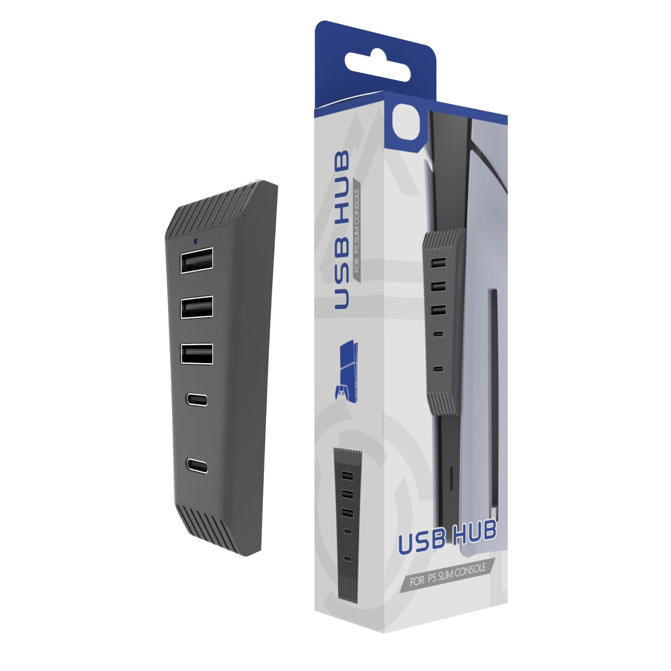 TERRIFI USB Hub for PS5 Slim Console Disc & Digital Edition, 5-Port High-Speed Extender, 3 USB Ports, 1 Type-C, 1 Type-C 3.1 Port, Black