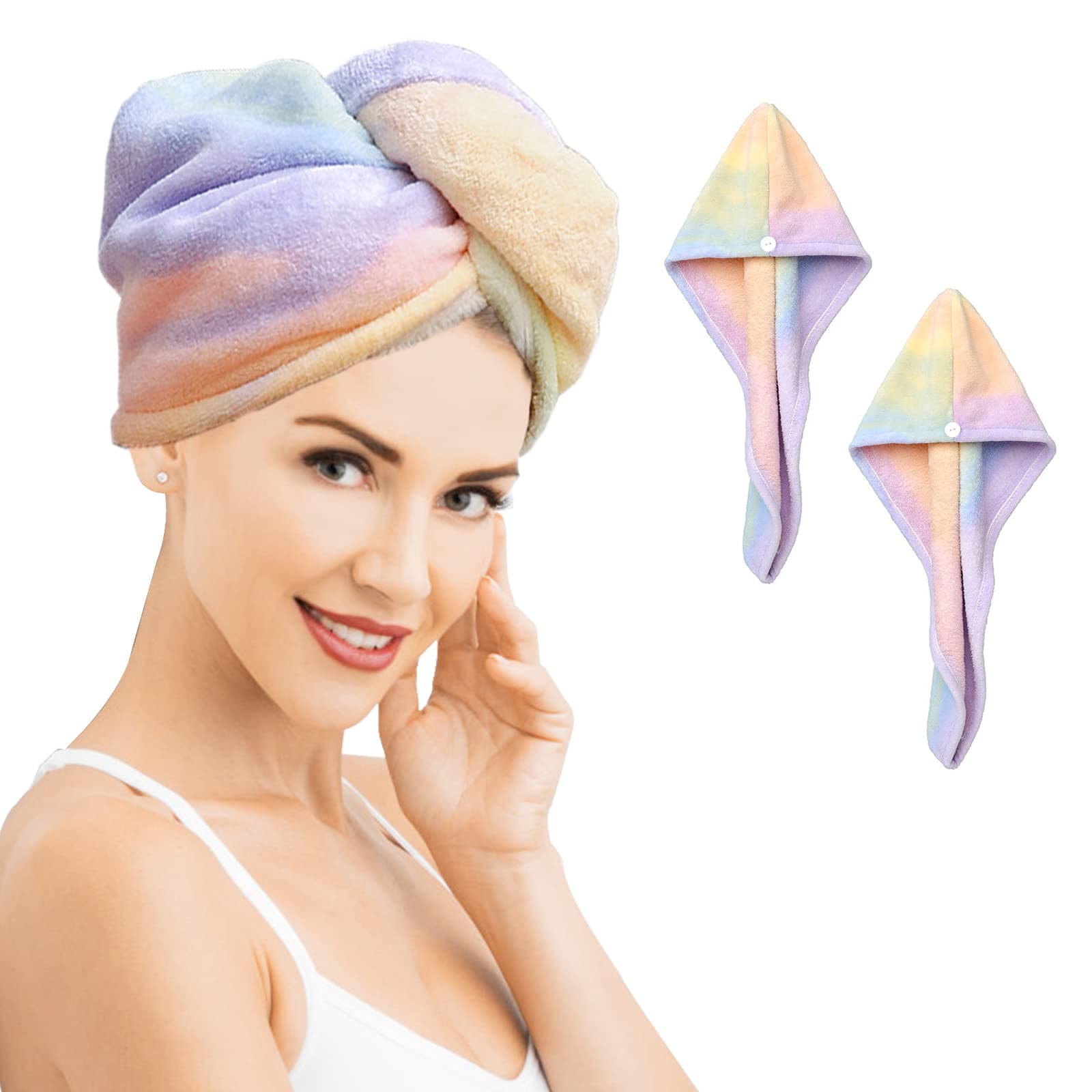 – QKTYB 2 Pack Microfiber Hair Towel Wrap Rainbow Quick Dry Super Absorbent Twist Turban Drying Hair Caps with Button Dry Hair Hat for Women Girl,65 x 25cm