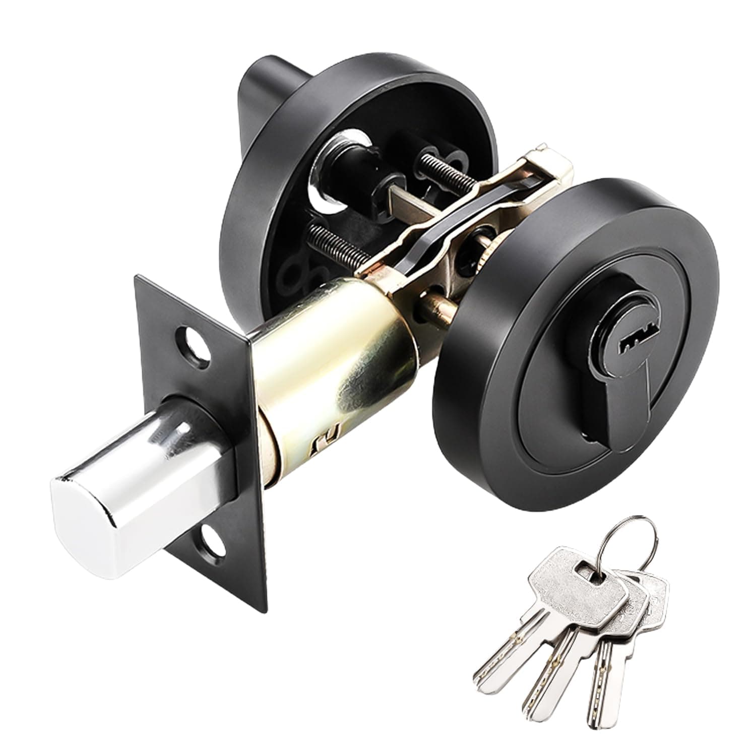 Round Deadbolt Lock: 35-55 mm Single Cylinder Deadbolt with 3 Keys, Modern Door Lock for Front, Entrance and Passage Doors (Black)