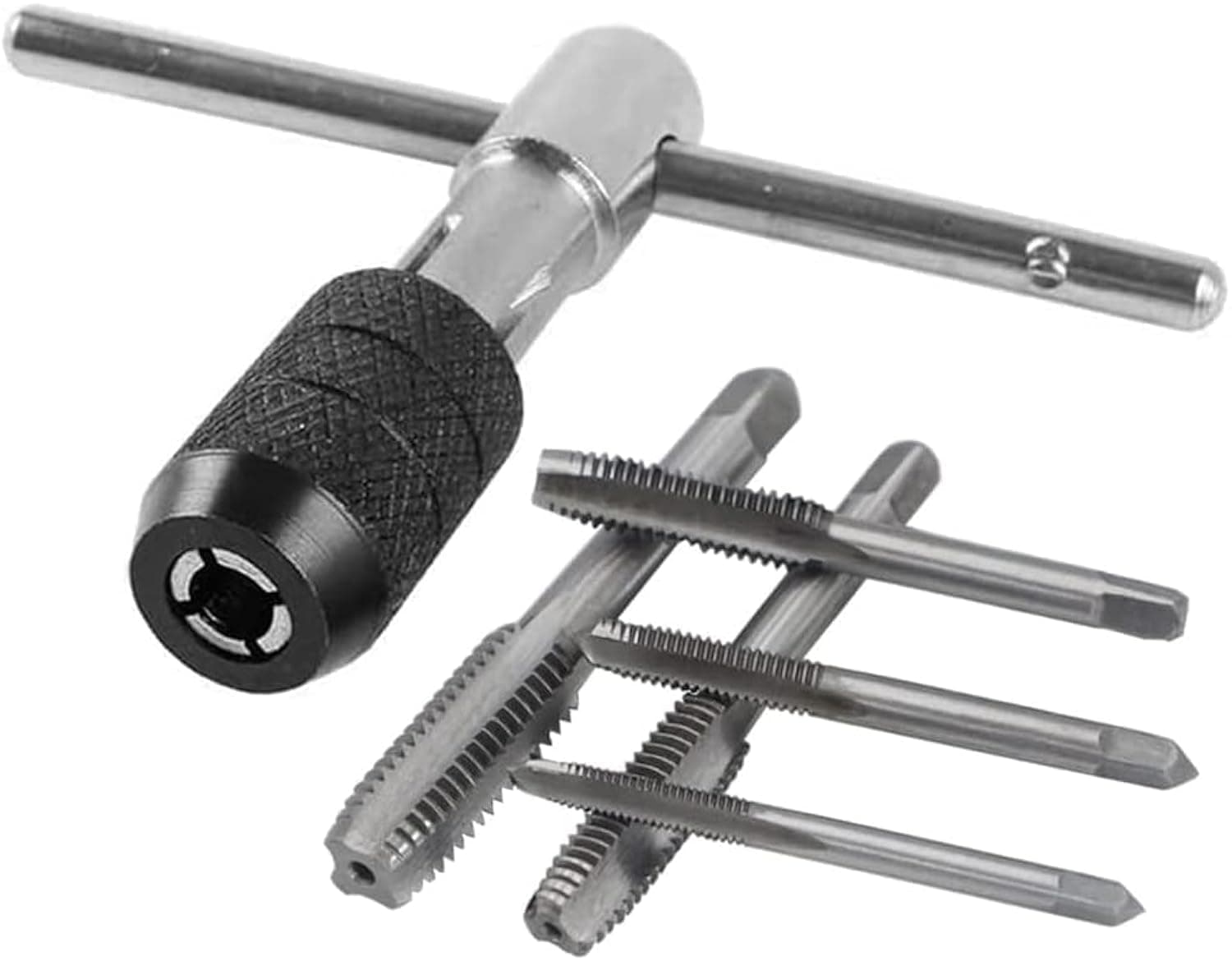 6 Pcs Tap Wrench Tool Set, Adjustable T-Handle Ratchet Holder Machine Screw Thread Metric Plug T-Taps With M3 M4 M5 M6 M8 Taps For Metal/Aluminum/Plastic/Wood