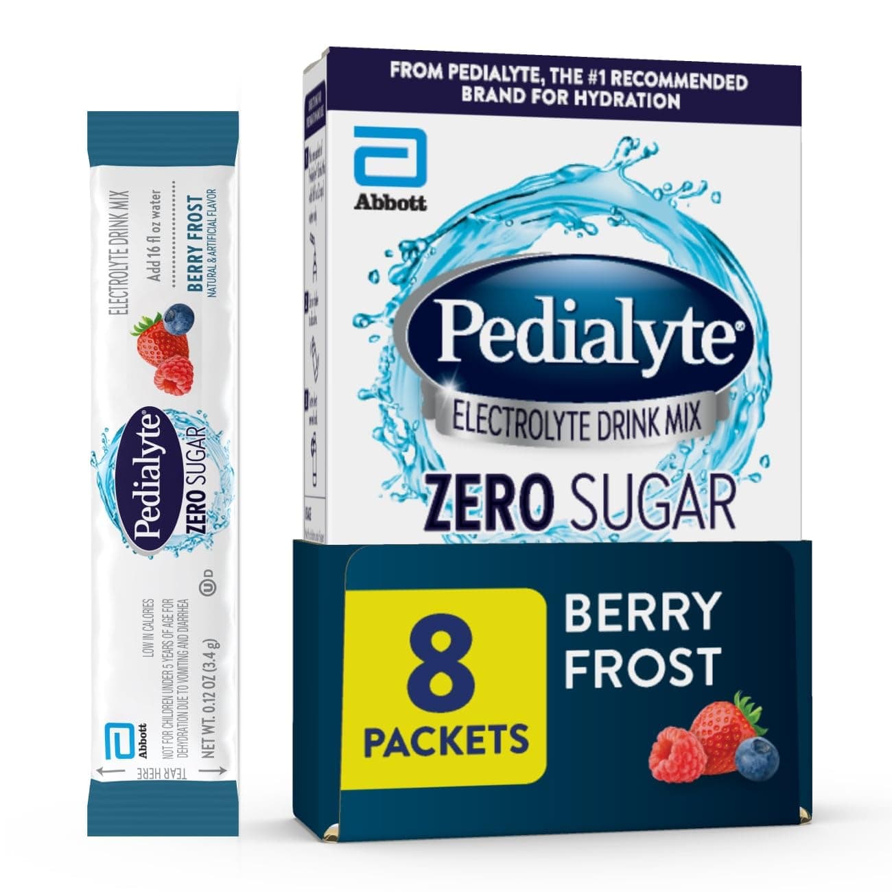 Pedialyte Electrolyte Drink Mix With Zero Sugar | Hydration With Key Electrolytes | Great Hydration Low in Calories | Berry Frost, 8 Powder Packets