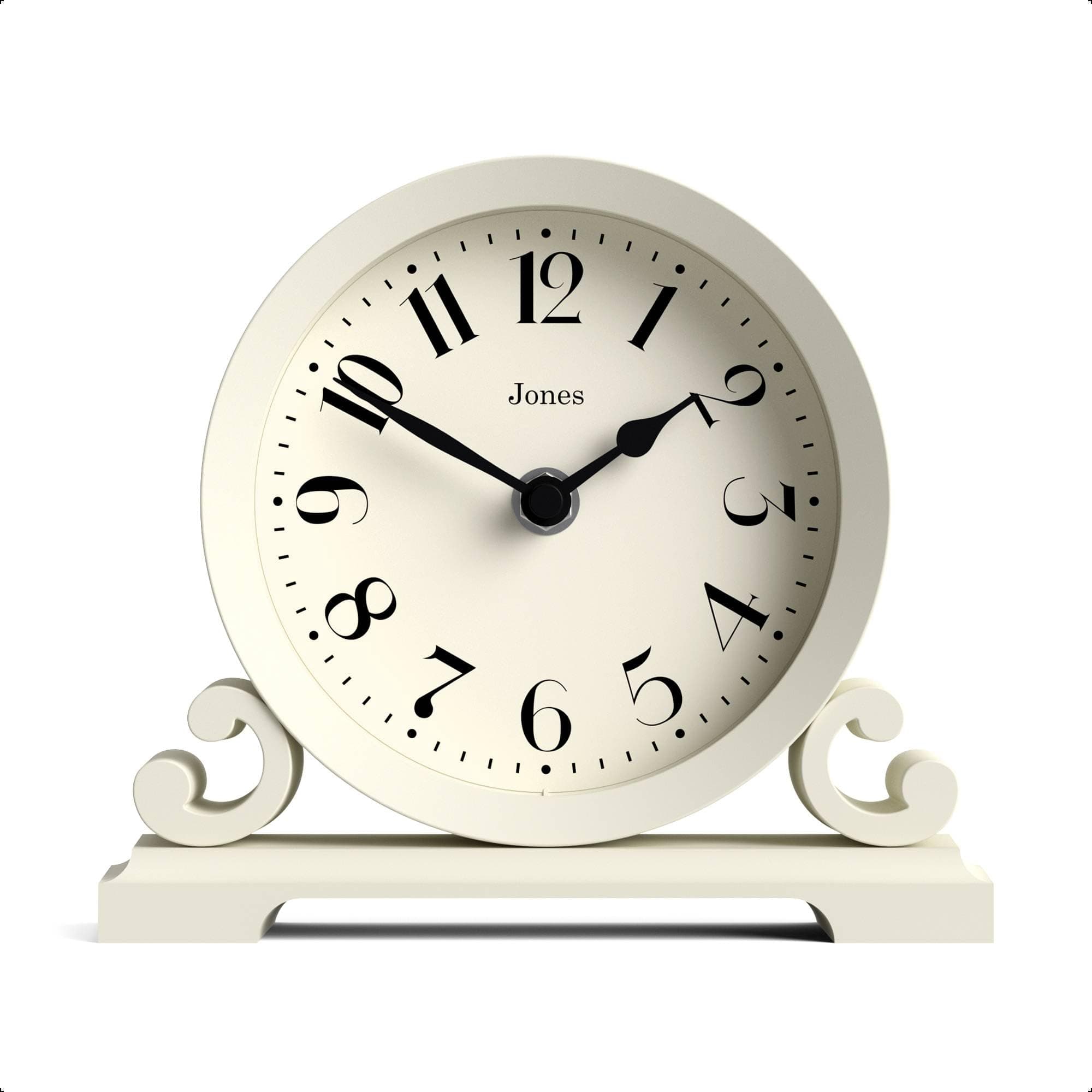Jones Clocks® Saloon mantel clock | Small traditional double scroll design | Pale Cream | Contemporary classic style for desk, table, shelf or bedside