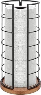 Toilet Paper Organizer Stand, Freestanding 3 Rolls Tissue Storage, Metal Bathroom Accessory, Rustproof Toilet Roll Holder for Kitchen Countertop Inside Cabinet Shelf(Wooden Base, Matte Black)