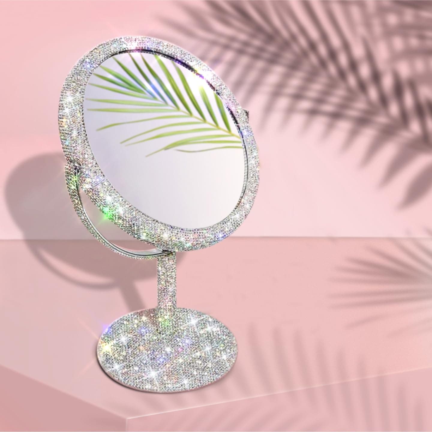 TISHAA Bling Makeup Vanity Mirror - Luxury Stand Double Sided Mirror Crystal Rhinestone Portable Desk Bathroom Bedroom (2X Magnification)