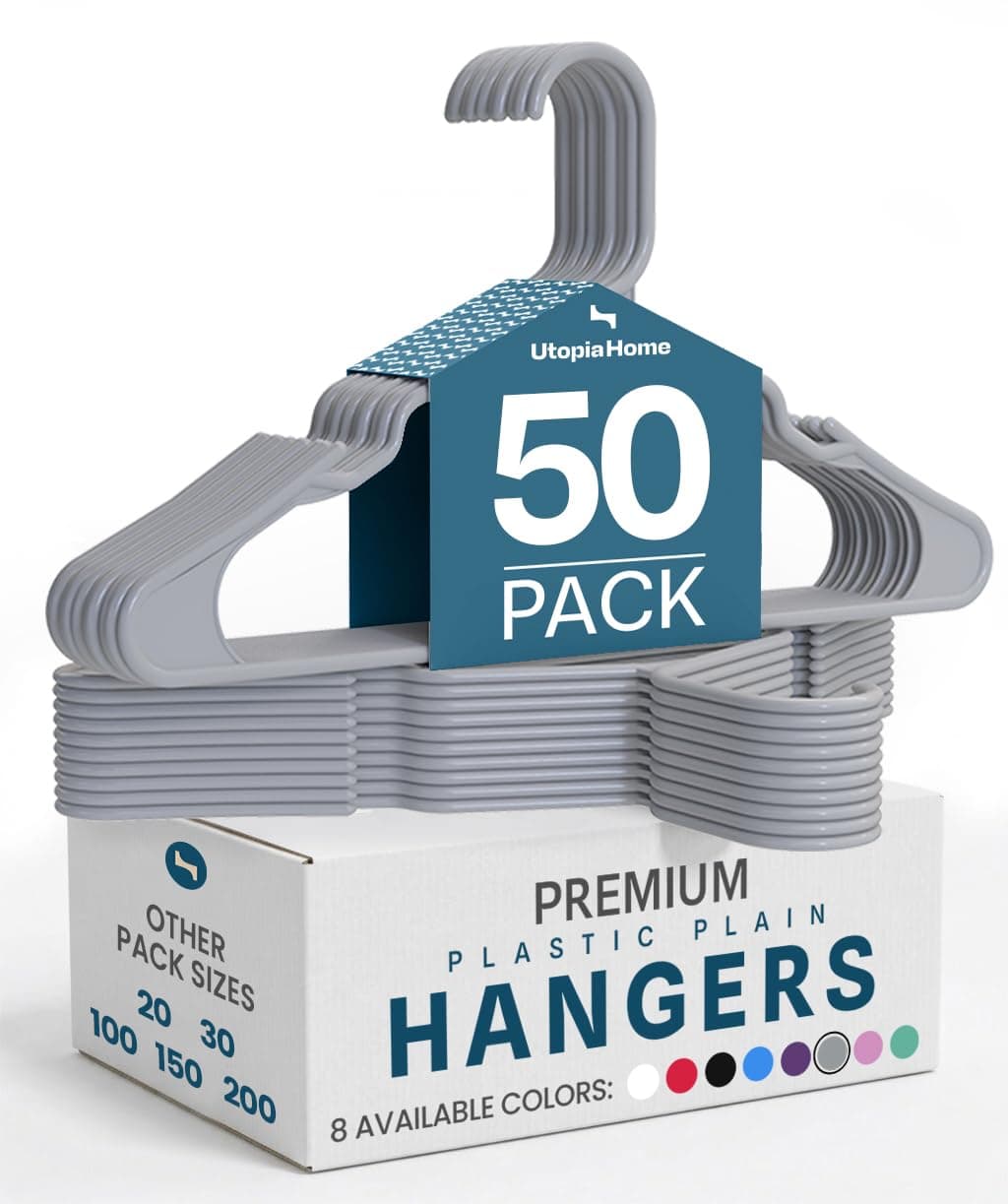 Plastic Hangers 50 Pack - Perfect Space Saving Clothes Hanger - Durable and Strong - Perfect Closet Organizers with Shoulder Grooves (Grey)