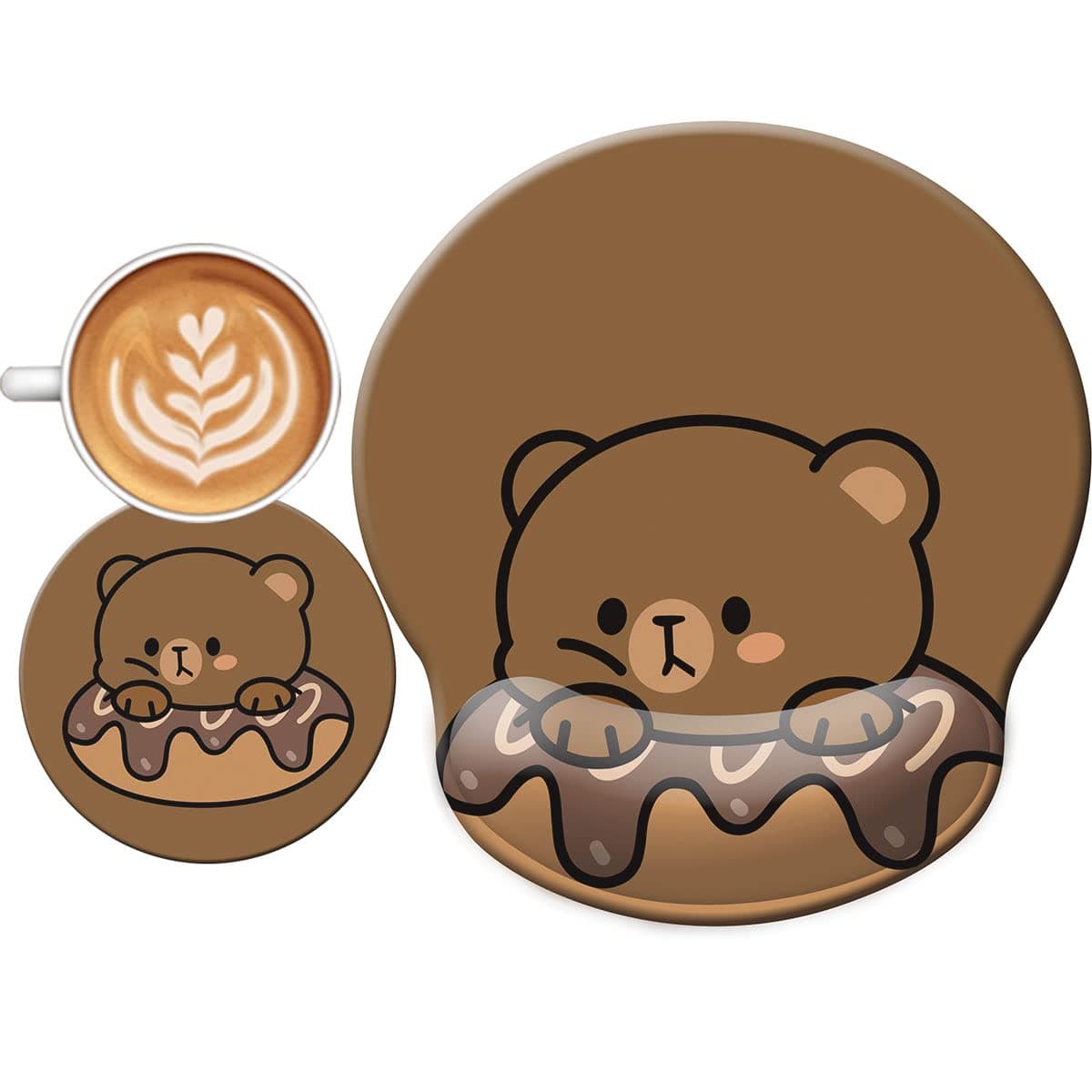 Cute Ergonomic Mouse Pad Wrist Support,[ 20% Larger] Wrist Rest Non-Slip Gel Anime Kawaii 3D Bear Donut Mouse Pads, Silicon Wrist Pad,with Coaster,Easy-Typing,Pain Relief, Game Work Study Home Office