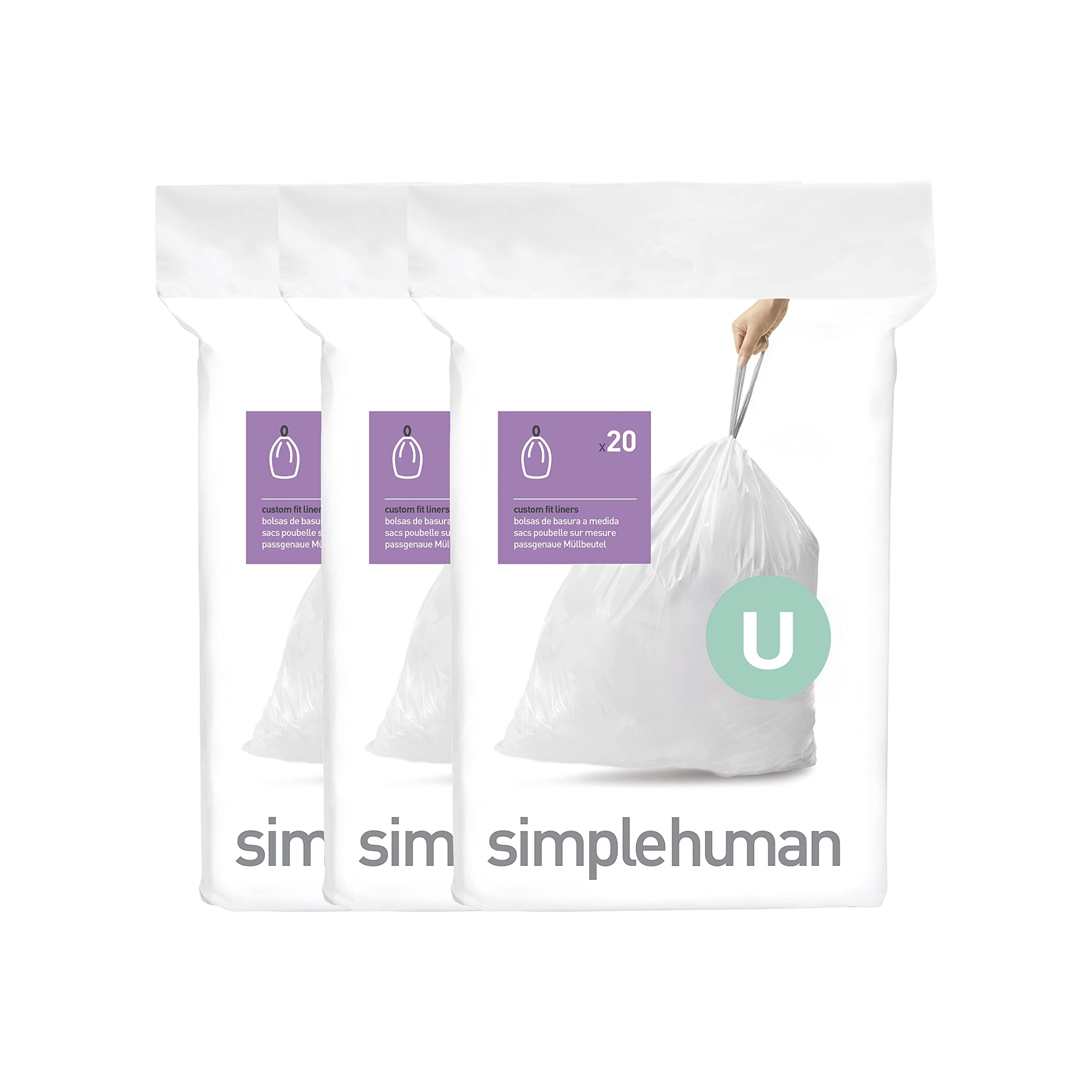simplehuman Code U 60 Count, Dispenser Pack Custom Fit Liners, Drawstring Trash Bags, 55 Liter / 14.5 Gallon, White