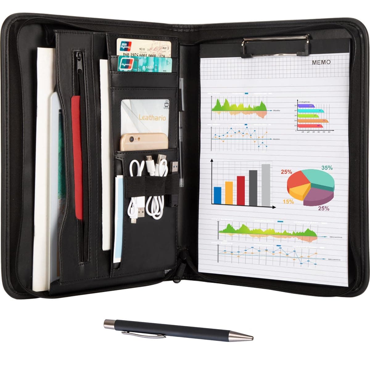 Portfolio Folder, A4 Conference Folder with Notepad, Vegan Leather Zipper Padfolio with Pockets for Tablets Notepads Files, Travel Business Portfolio, Planner Document Organizer