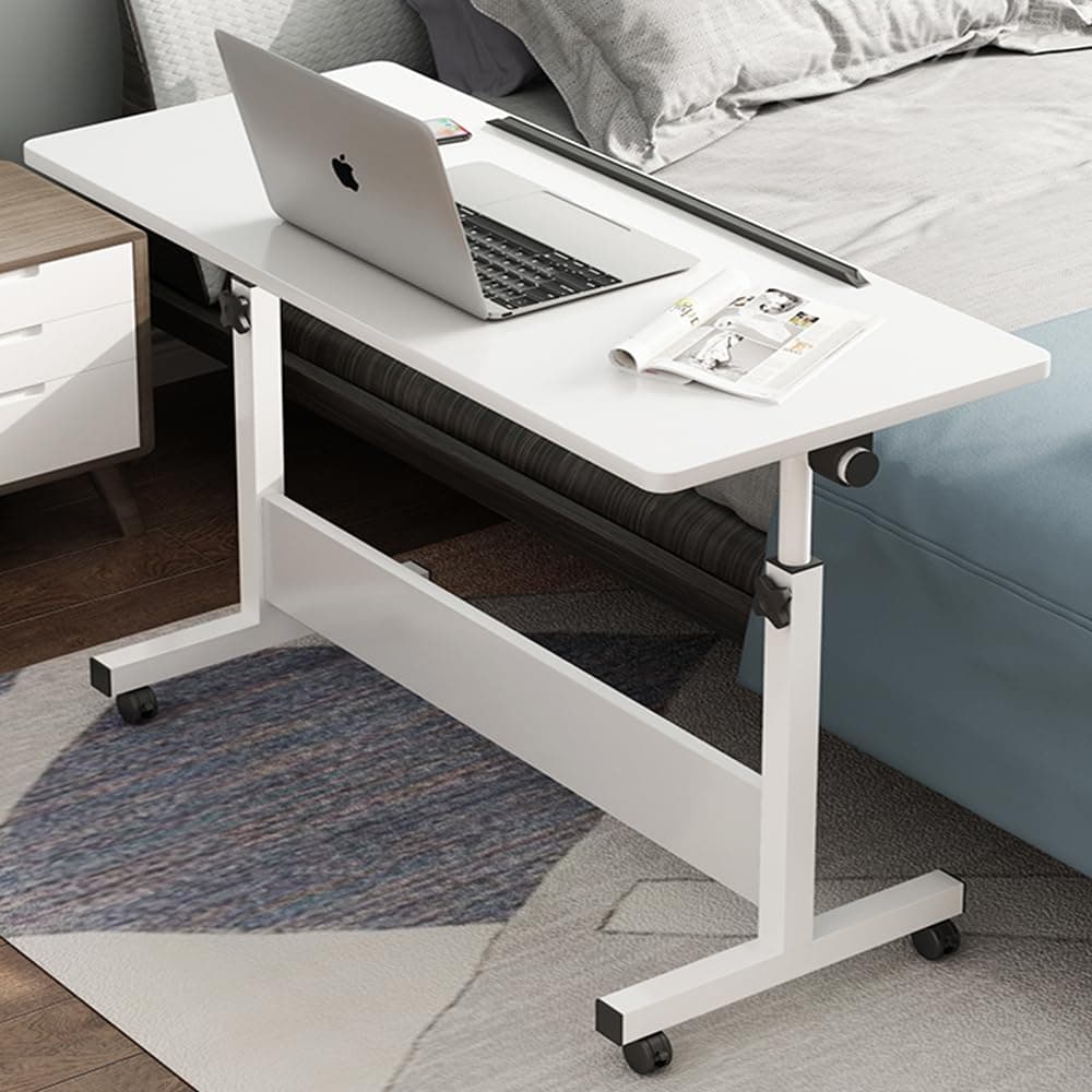 Small Standing Desk Adjustable Height, 31.5inch Small Folding Desk for Small Space, Portable Laptop Desk, Home Office Desks with Wheels, Small Computer Rolling Desk (White, 31.50 * 15.75)