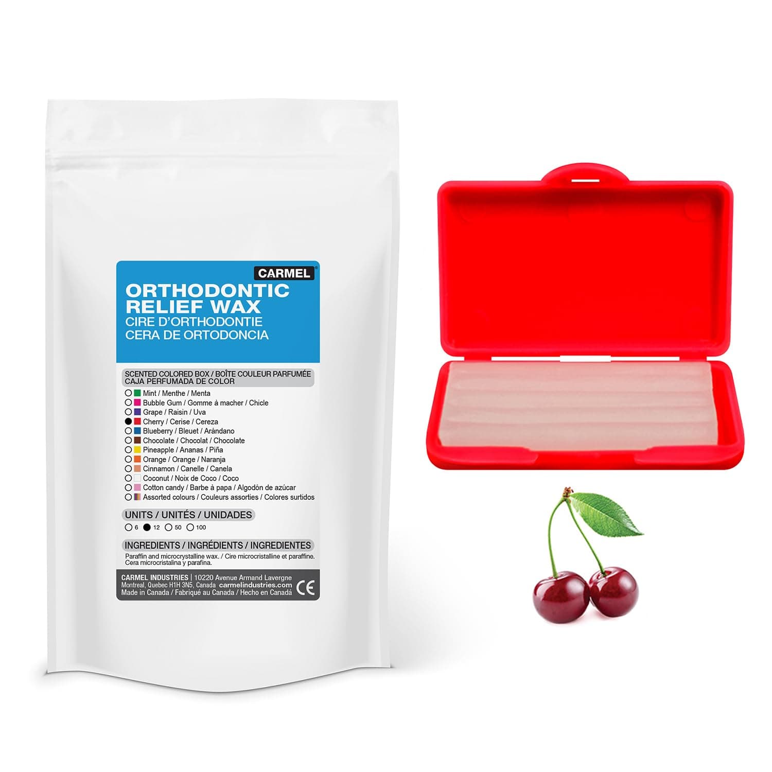 Carmel Orthodontic Wax in a Cherry Scented Box, Pack of 12, Relief Wax for Braces, Dental Appliances, Damaged Teeth, Dental Patient Wax