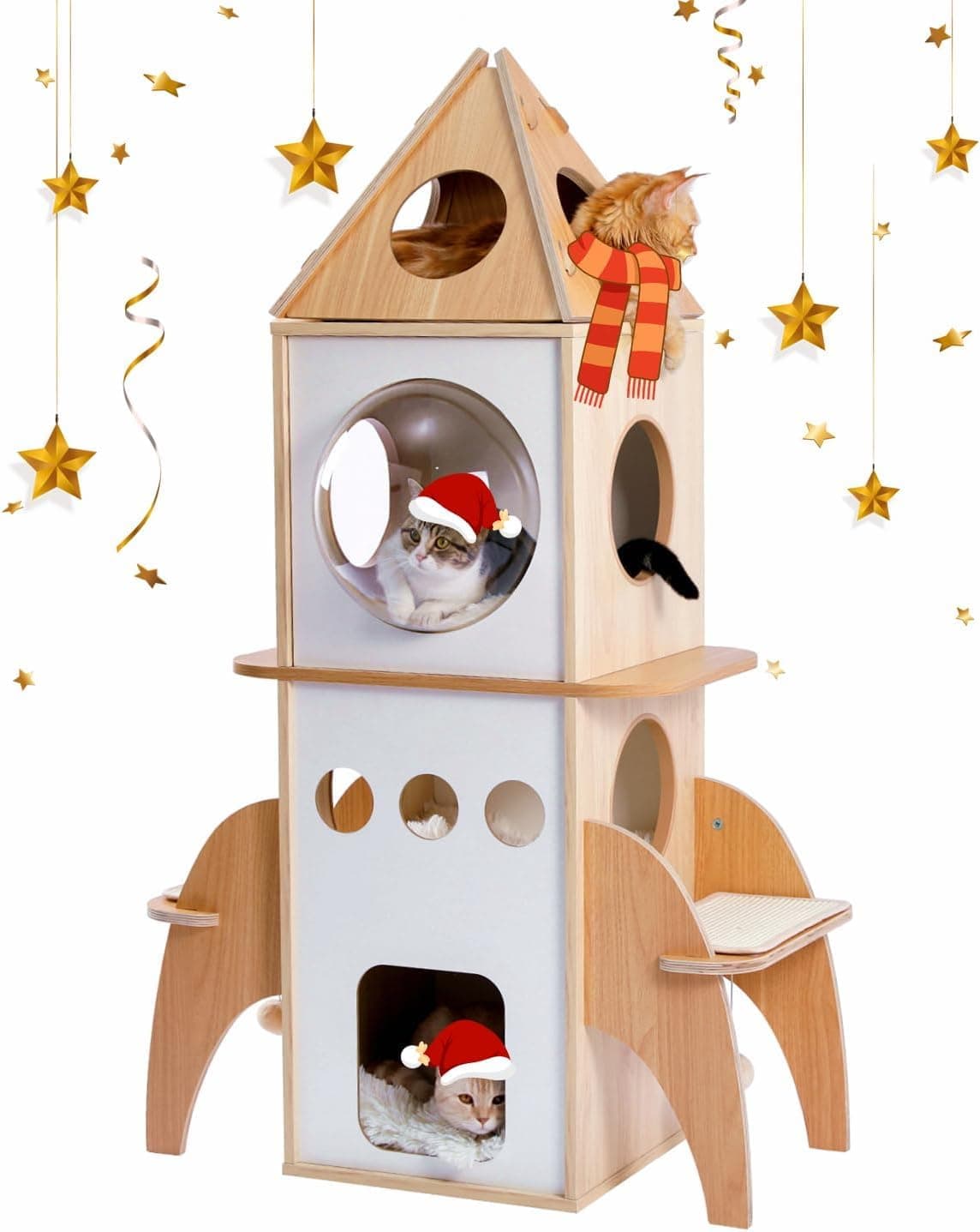 – Modern Cat Tree Rocket Shape, SpaceX Starship, 138 cm/54" Wood Cat Tower Multilevel for Indoor Cats, Cat Furniture with 3 Condos, Dangling Balls, Attic Perch (Beige, Starship-L)