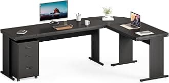 82.67" Long Executive Desk Large L-Shaped Computer Office Desk with 3-Drawer Mobile File Cabinet, Industrial Business Furniture Desk Workstation for Home Office, Black
