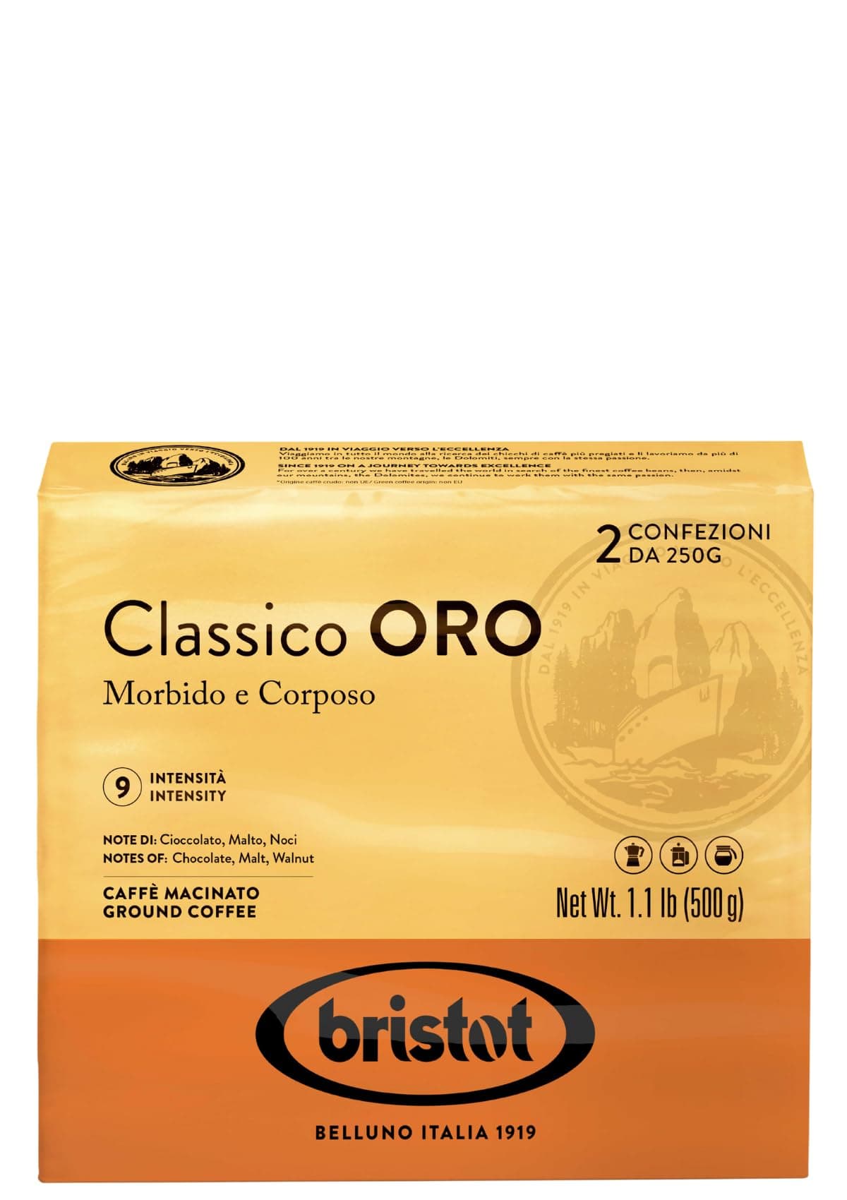 Classico Oro Italian Breakfast Espresso – Smooth & Full-Bodied – For Moka, French Press & Pour Over – 2-Pack 2×250 g – 1.1 lb – 500 g