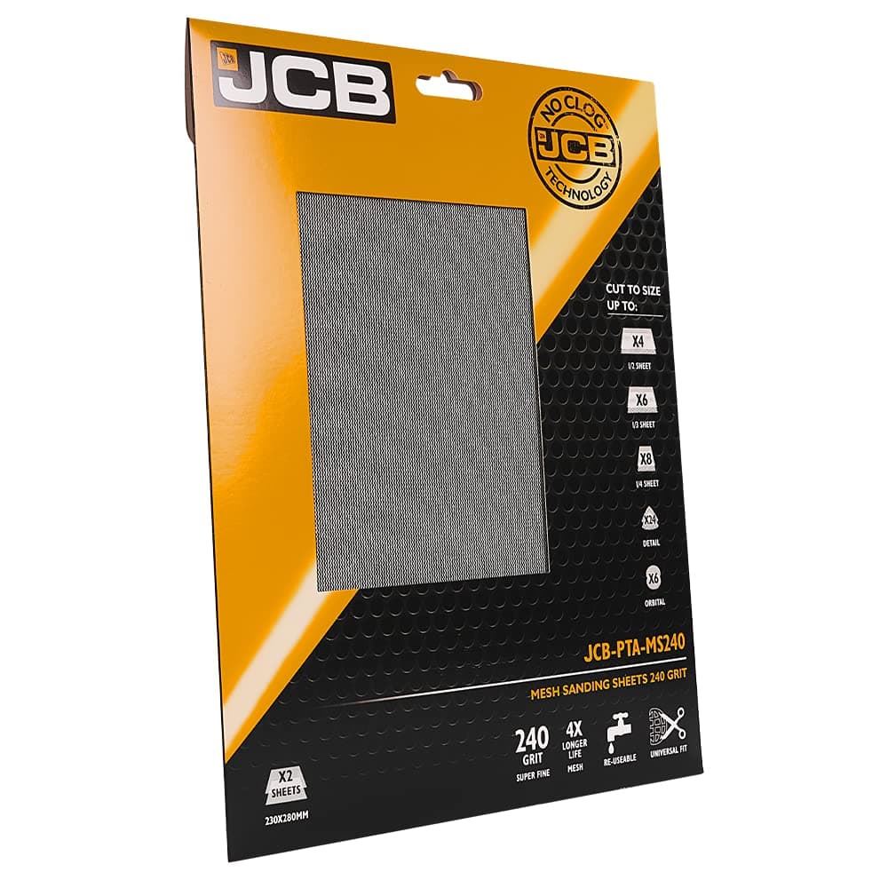 JCB 240 Grit Mesh Sanding Sheet - Hook and Loop Backing - 280 x 230mm - Pack of 2 - For Palm, Orbital And Disc Sanders, Drills - Cut to Size - Abrasive Paper For Plaster, Wood, Painted Surfaces, Metal