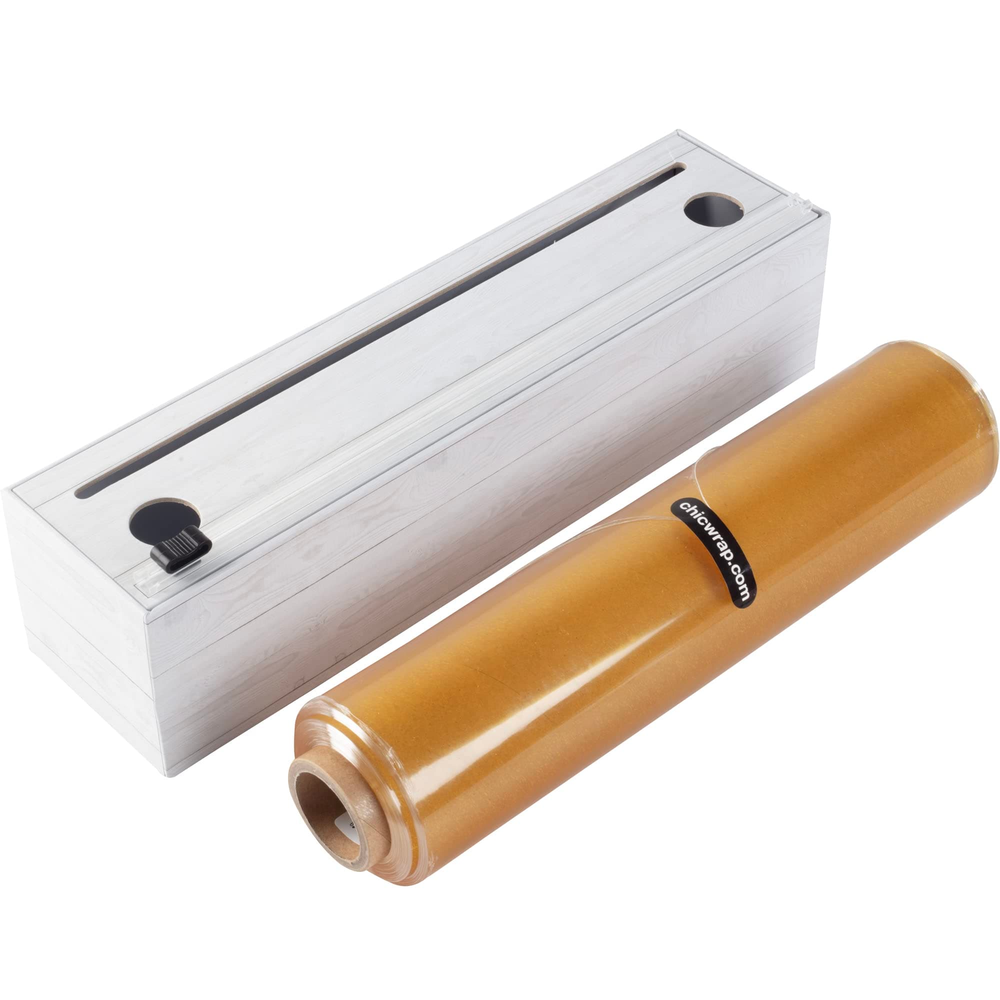 ChicWrap® Shiplap Refillable Plastic Wrap Dispenser - Includes One large 12" x 750' Roll of Professional Grade Plastic Wrap - BPA Free and Kosher Certified - Reusable Dispenser w/Slide Cutter