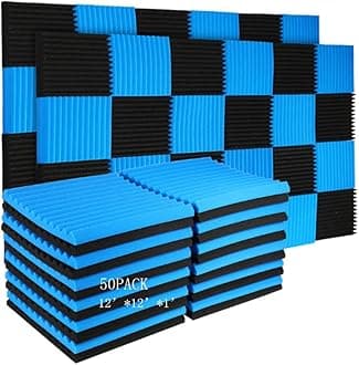 50 Pack Acoustic Panels Soundproof Studio Foam for Walls Sound Absorbing Panels Sound Insulation Panels Wedge for Home Studio Ceiling, 1" X 12" X 12", Black (50Pcs, Black&Blue)