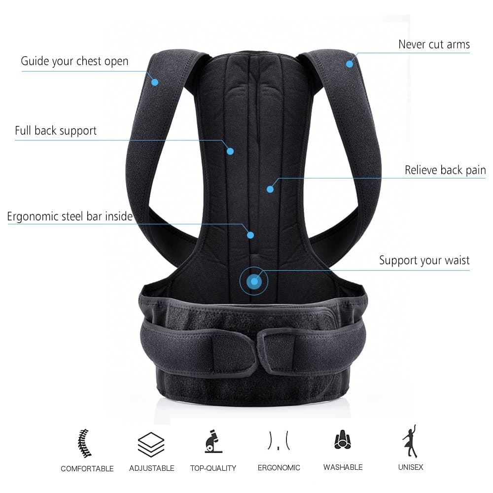 Ventrice Back Brace Support Belts for Upper Back Pain Relief Adjustable Size with Waist Support Wide Straps - XXXL Size Available (Black Color) - 1pc