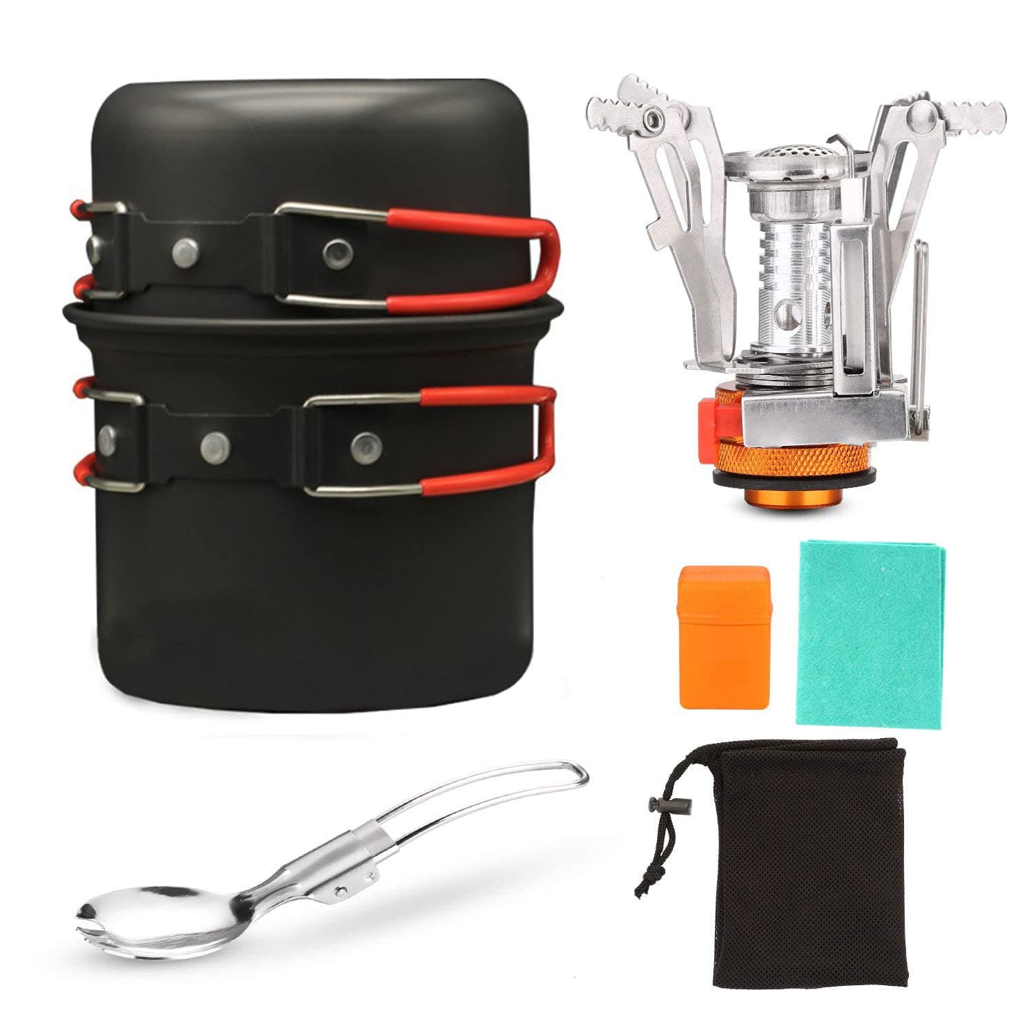 Arabest 6pcs Camping Cookware Mess Kit - Non-Stick Lightweight Pot with Stove Stainless Steel Fork Spoon and Carry Mesh Bag, Camping Cooking Set for Camping, Outdoor Cooking and Picnic